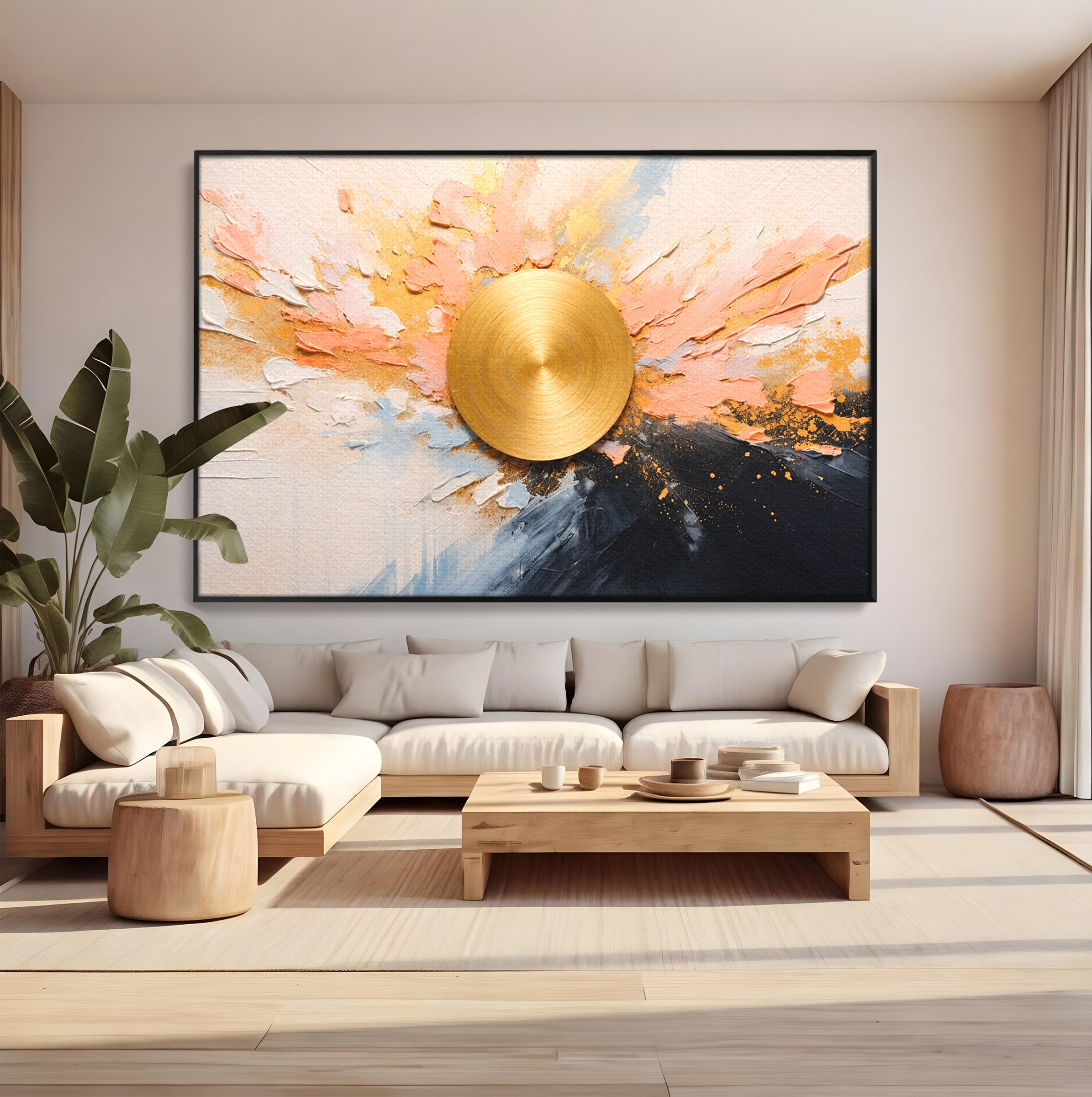 Tablou Canvas Premium LuxCanva® C1407, Explozie Aurie, Abstract, Arta Moderna, Living, Dinamism, Auriu, Culori Vibrante