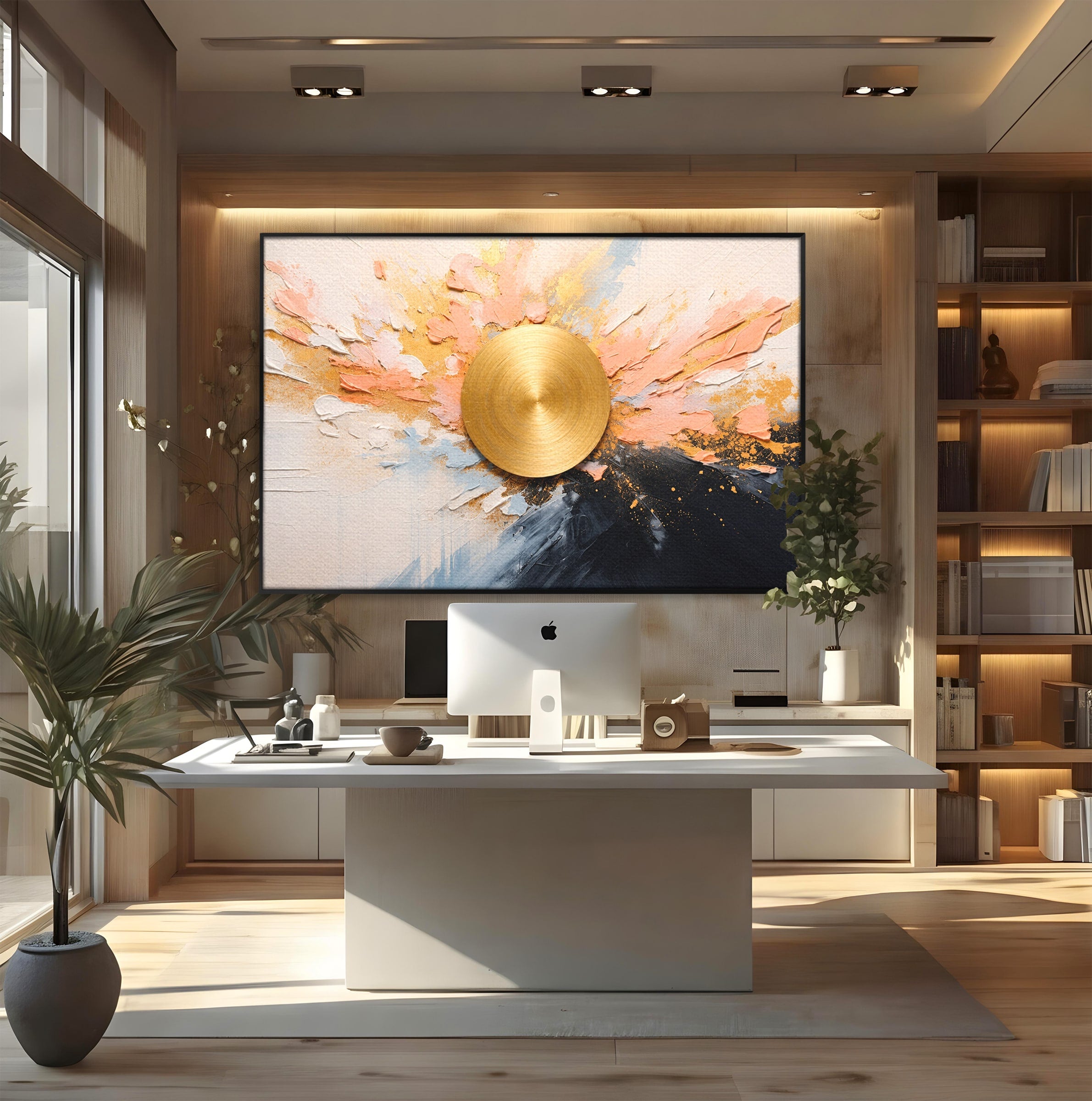 Tablou Canvas Premium LuxCanva® C1407, Explozie Aurie, Abstract, Arta Moderna, Living, Dinamism, Auriu, Culori Vibrante