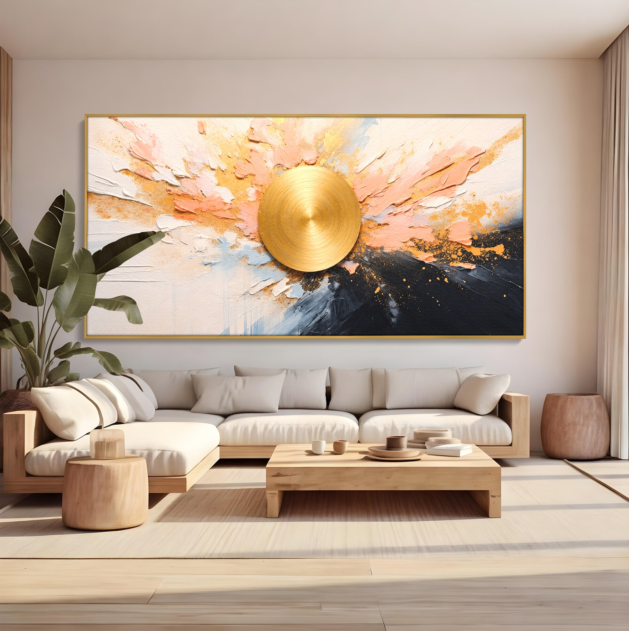 Tablou Canvas Premium LuxCanva® C1407, Explozie Aurie, Abstract, Arta Moderna, Living, Dinamism, Auriu, Culori Vibrante