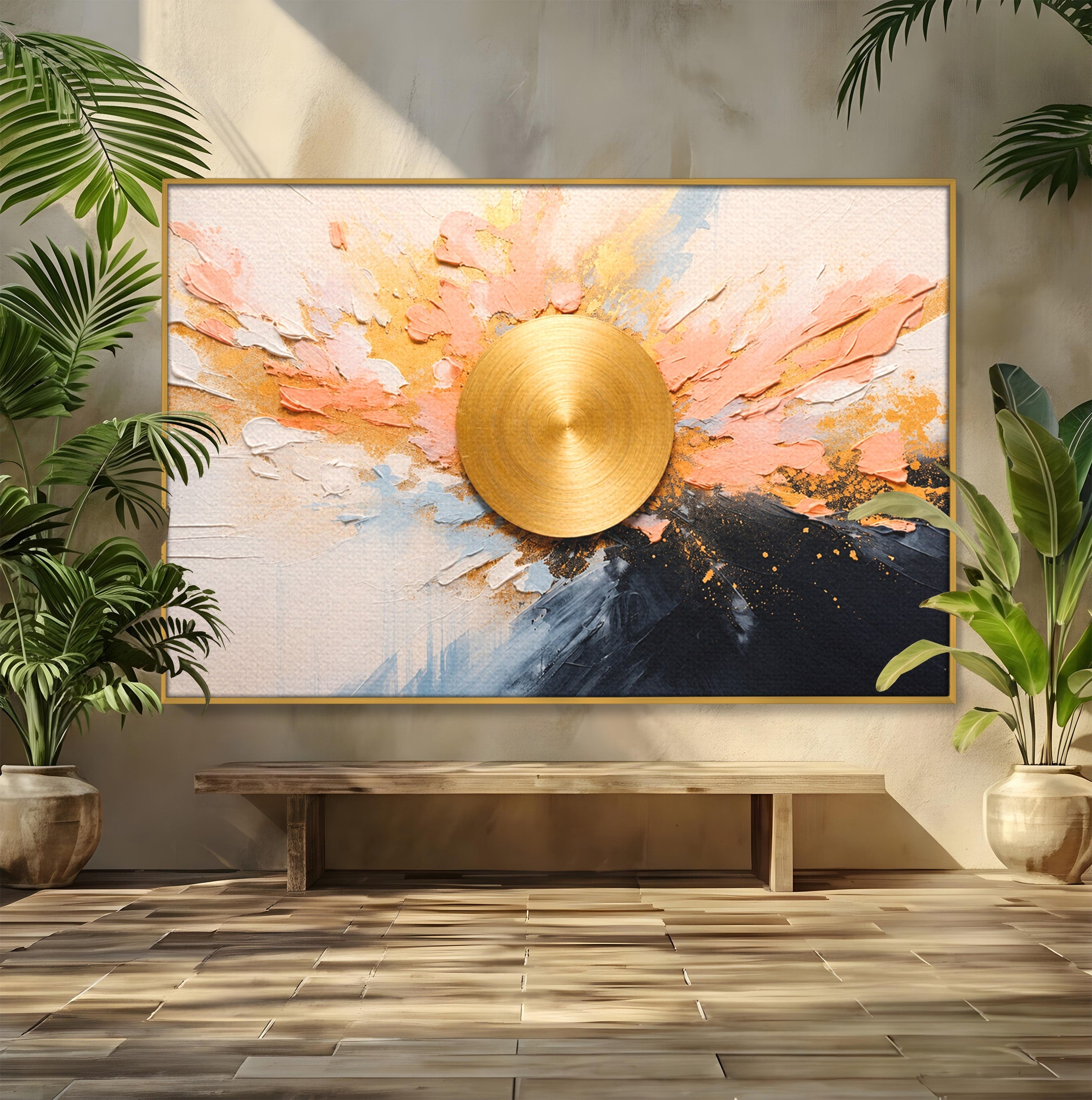 Tablou Canvas Premium LuxCanva® C1407, Explozie Aurie, Abstract, Arta Moderna, Living, Dinamism, Auriu, Culori Vibrante