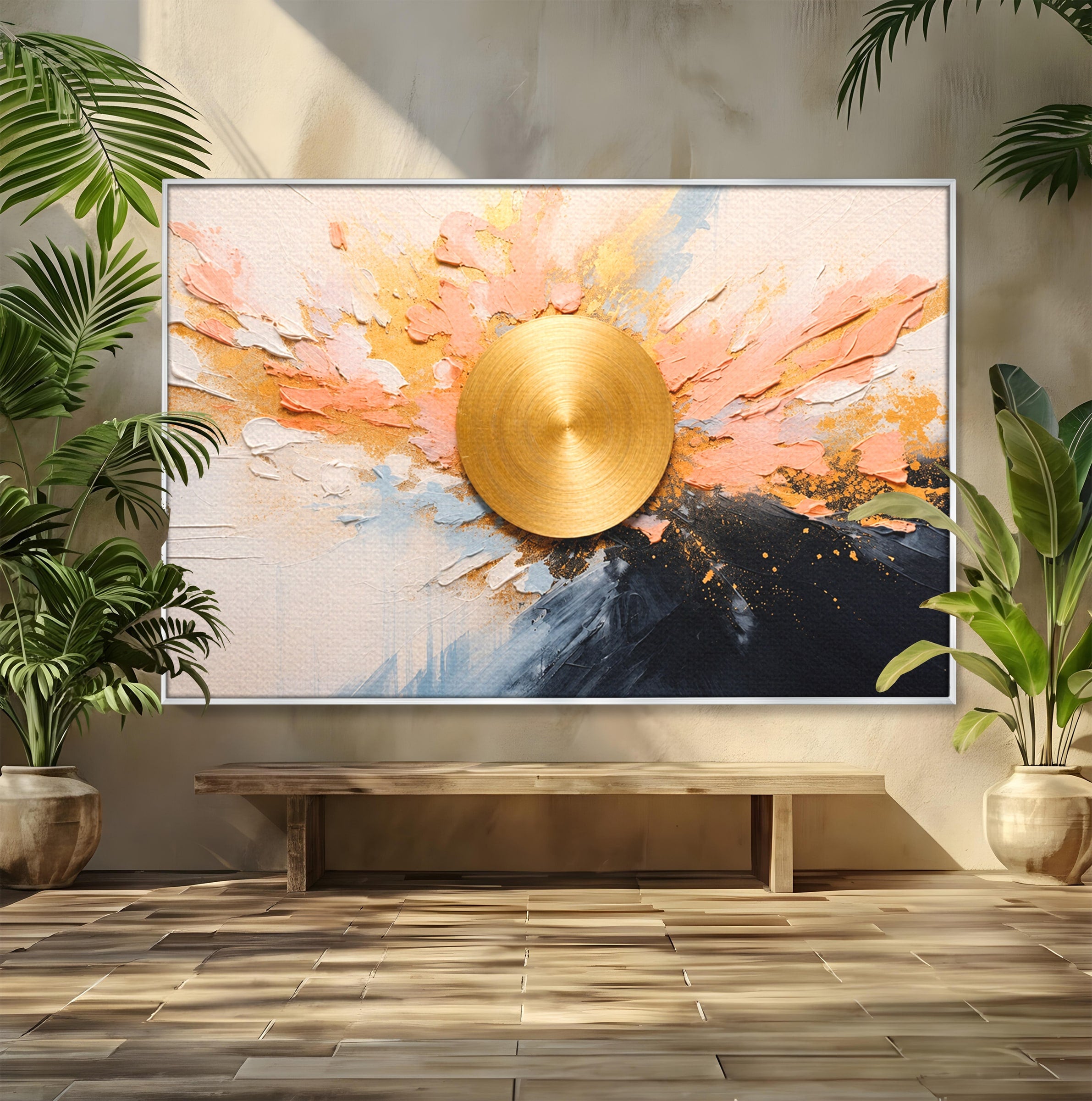 Tablou Canvas Premium LuxCanva® C1407, Explozie Aurie, Abstract, Arta Moderna, Living, Dinamism, Auriu, Culori Vibrante