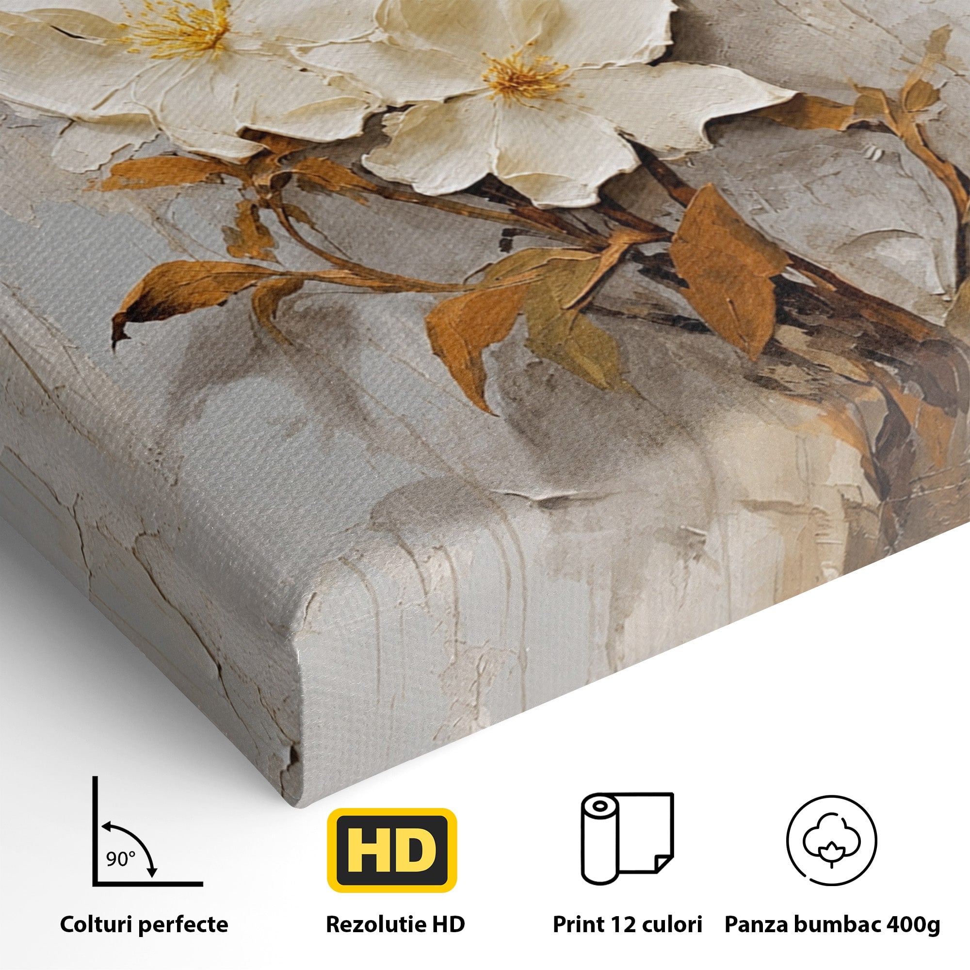 Tablou Canvas Premium LuxCanva® C1408, Flori Delicate Pe Fundal Texturat, Flori, Texturat, Eleganta, Living, Dormitor, Culori Vibrante