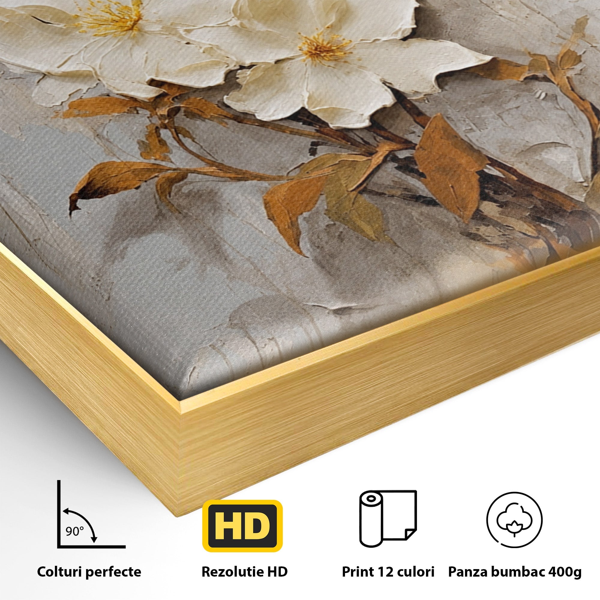 Tablou Canvas Premium LuxCanva® C1408, Flori Delicate Pe Fundal Texturat, Flori, Texturat, Eleganta, Living, Dormitor, Culori Vibrante