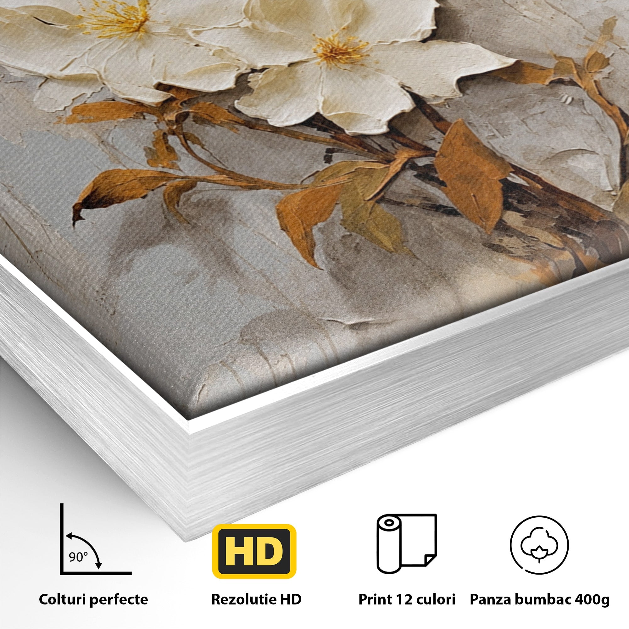 Tablou Canvas Premium LuxCanva® C1408, Flori Delicate Pe Fundal Texturat, Flori, Texturat, Eleganta, Living, Dormitor, Culori Vibrante