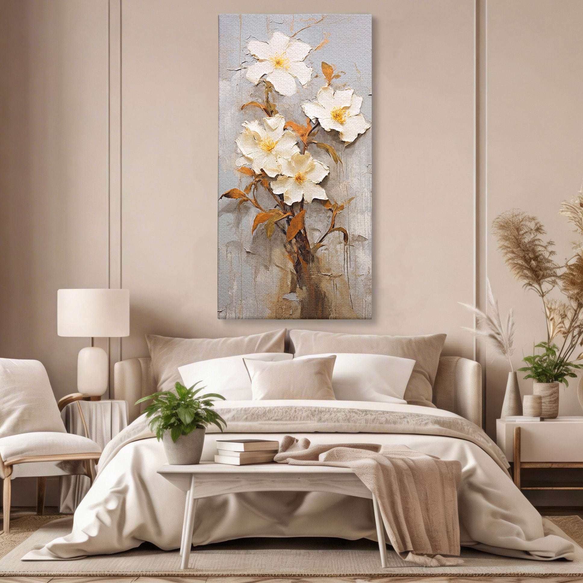 Tablou Canvas Premium LuxCanva® C1408, Flori Delicate Pe Fundal Texturat, Flori, Texturat, Eleganta, Living, Dormitor, Culori Vibrante