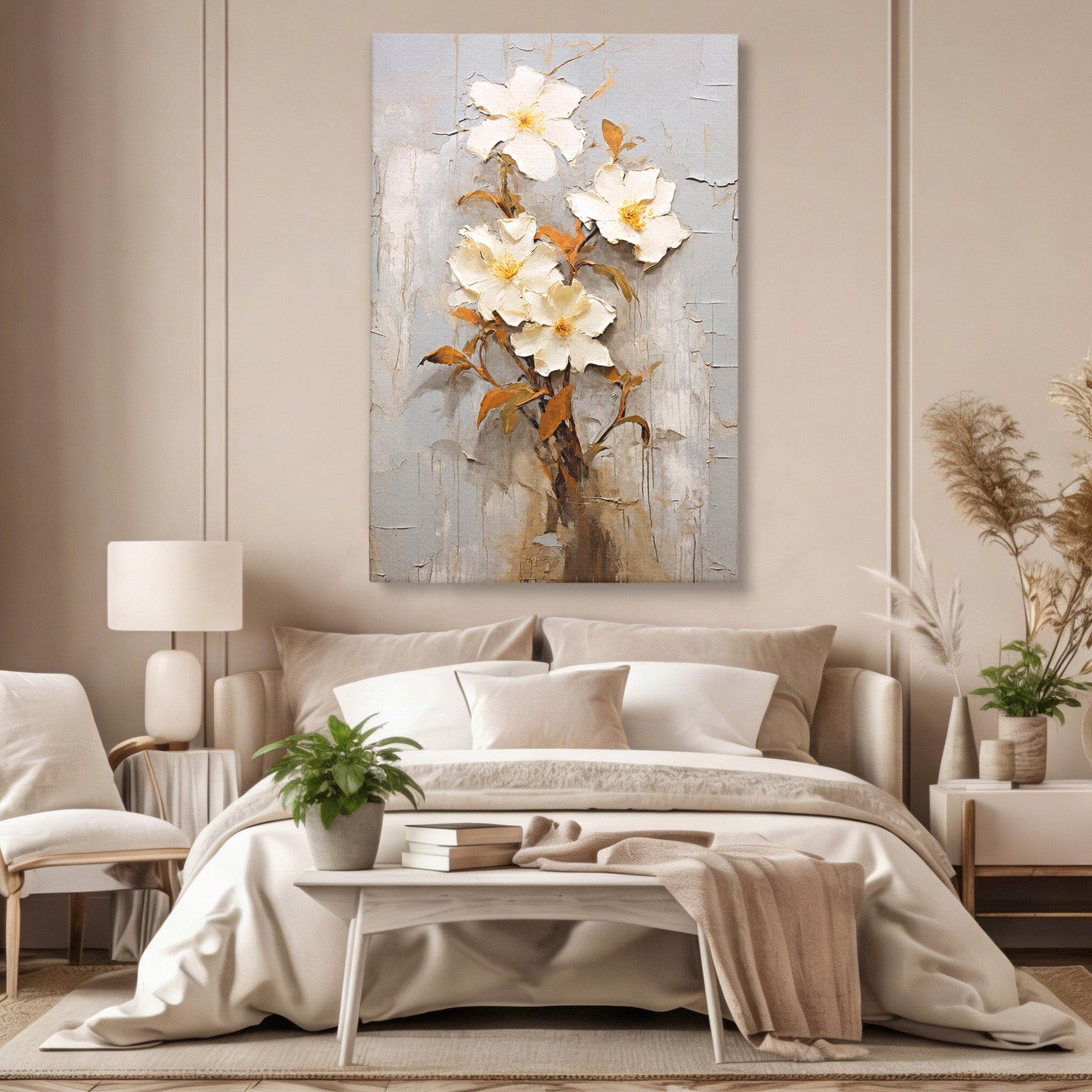 Tablou Canvas Premium LuxCanva® C1408, Flori Delicate Pe Fundal Texturat, Flori, Texturat, Eleganta, Living, Dormitor, Culori Vibrante