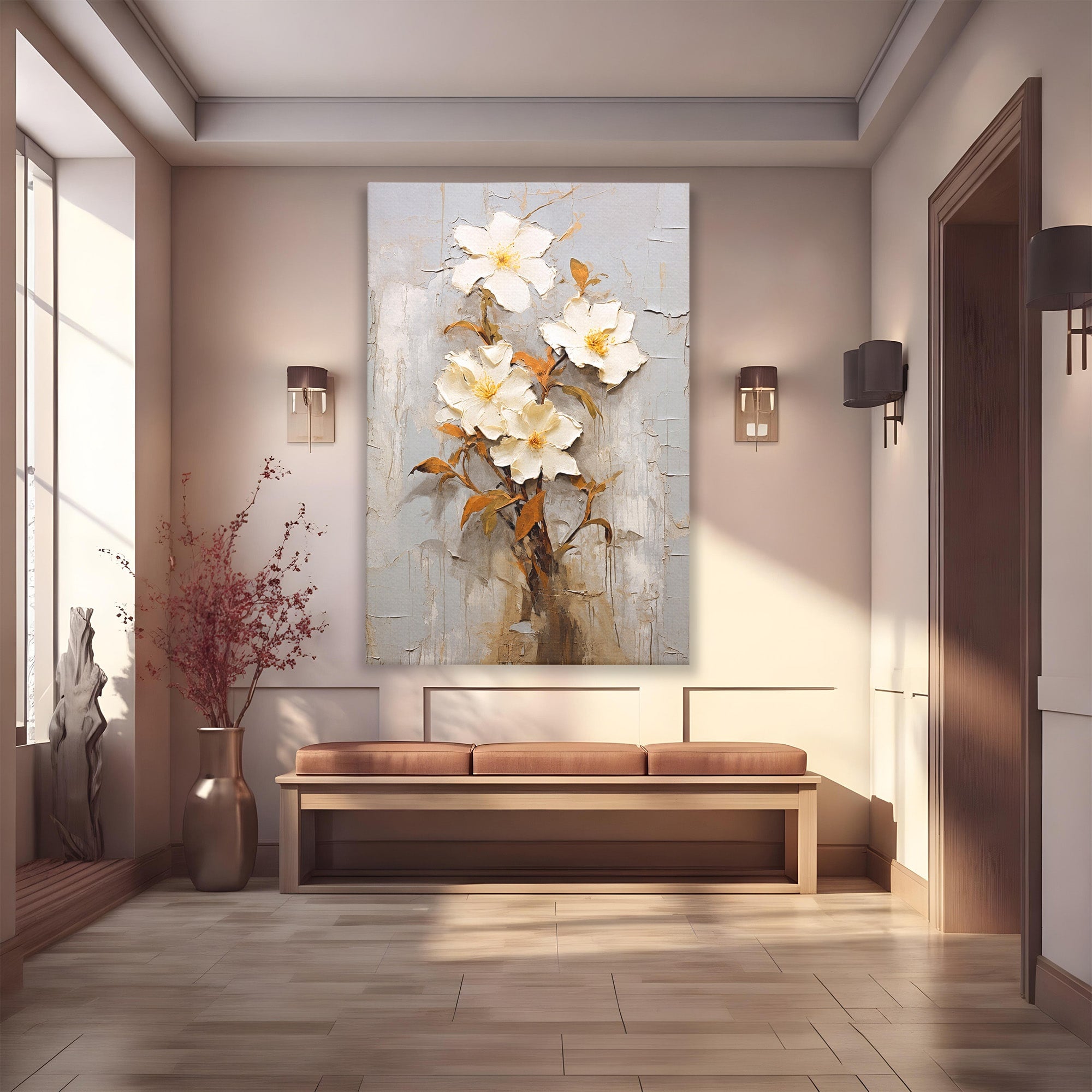 Tablou Canvas Premium LuxCanva® C1408, Flori Delicate Pe Fundal Texturat, Flori, Texturat, Eleganta, Living, Dormitor, Culori Vibrante