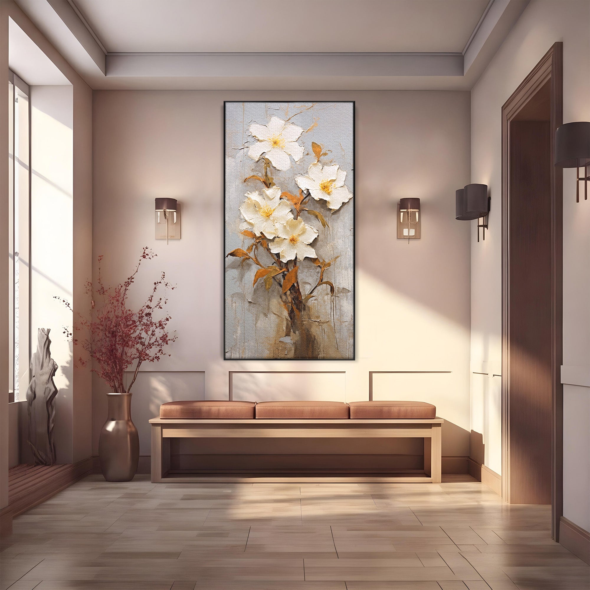 Tablou Canvas Premium LuxCanva® C1408, Flori Delicate Pe Fundal Texturat, Flori, Texturat, Eleganta, Living, Dormitor, Culori Vibrante