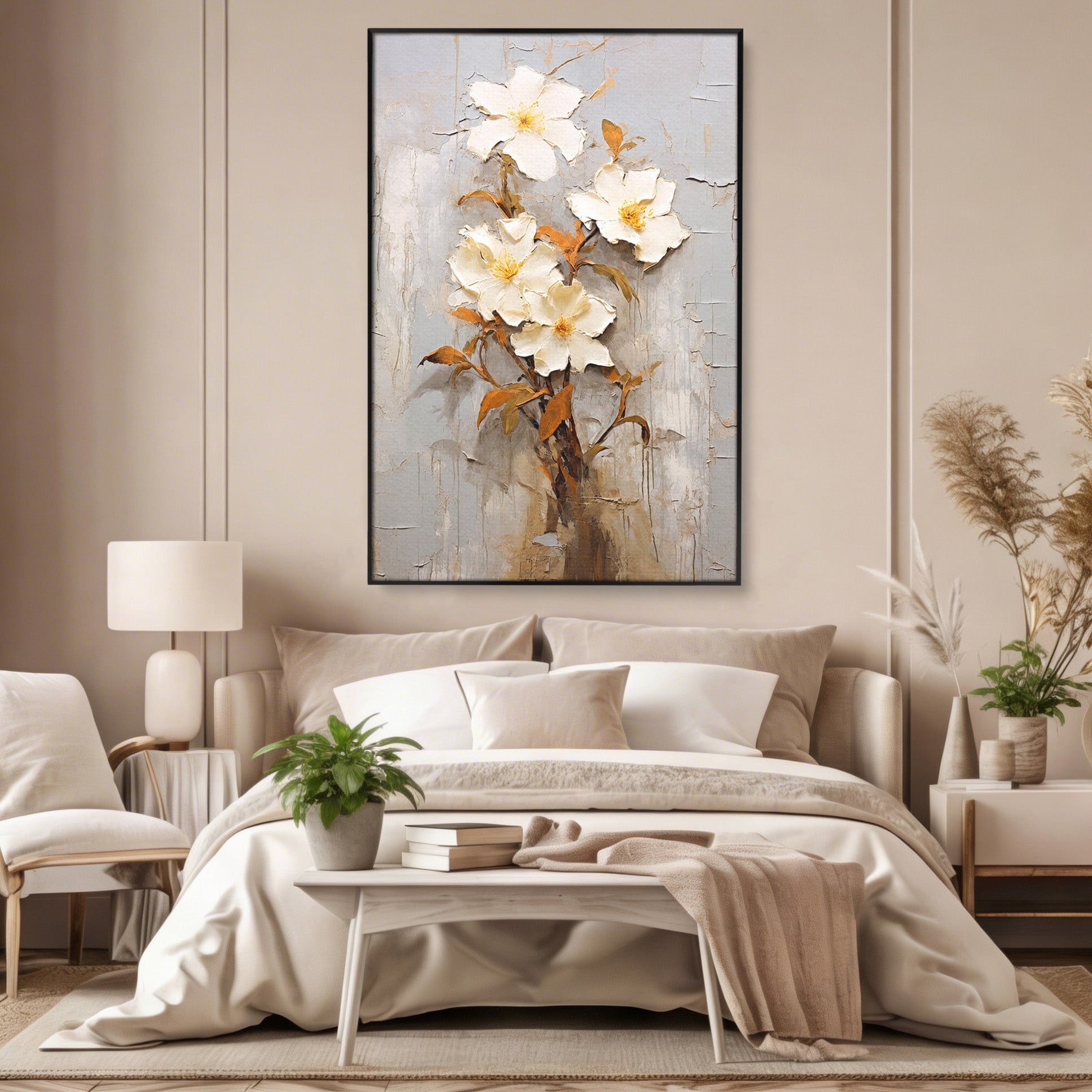 Tablou Canvas Premium LuxCanva® C1408, Flori Delicate Pe Fundal Texturat, Flori, Texturat, Eleganta, Living, Dormitor, Culori Vibrante