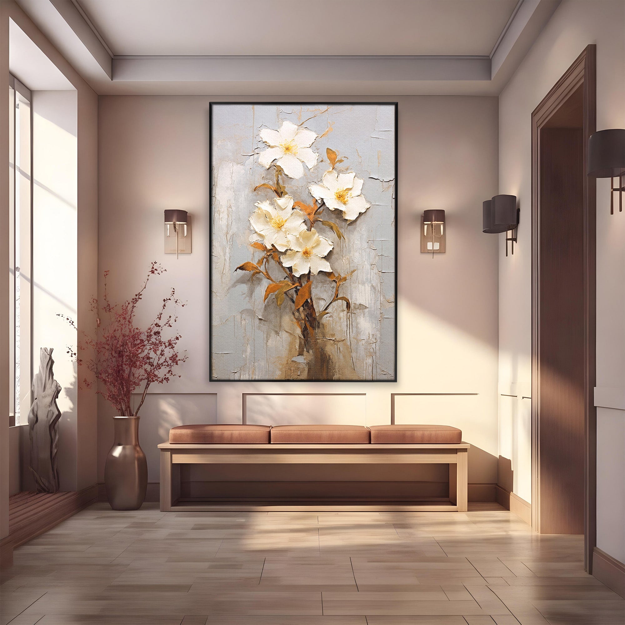 Tablou Canvas Premium LuxCanva® C1408, Flori Delicate Pe Fundal Texturat, Flori, Texturat, Eleganta, Living, Dormitor, Culori Vibrante