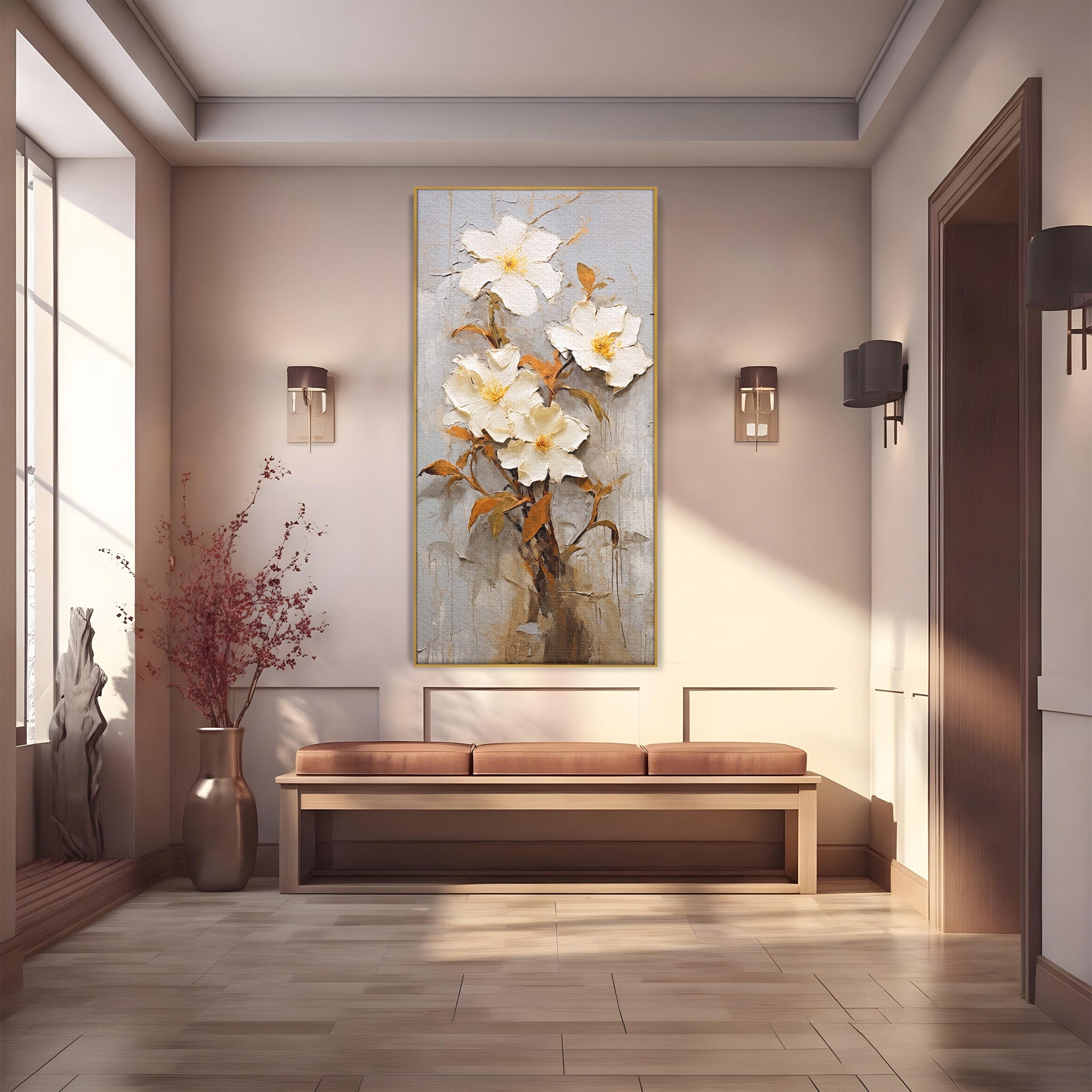 Tablou Canvas Premium LuxCanva® C1408, Flori Delicate Pe Fundal Texturat, Flori, Texturat, Eleganta, Living, Dormitor, Culori Vibrante