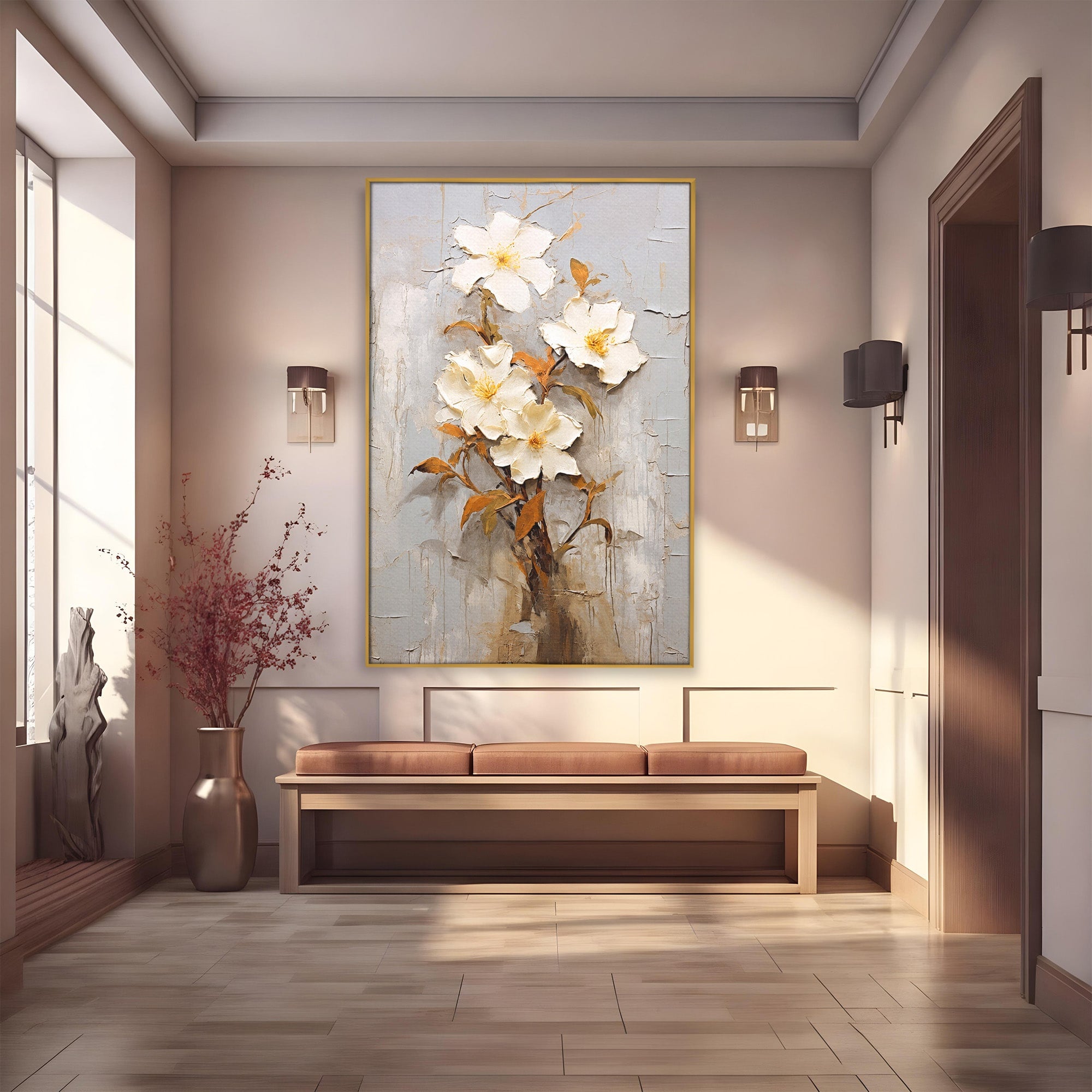 Tablou Canvas Premium LuxCanva® C1408, Flori Delicate Pe Fundal Texturat, Flori, Texturat, Eleganta, Living, Dormitor, Culori Vibrante