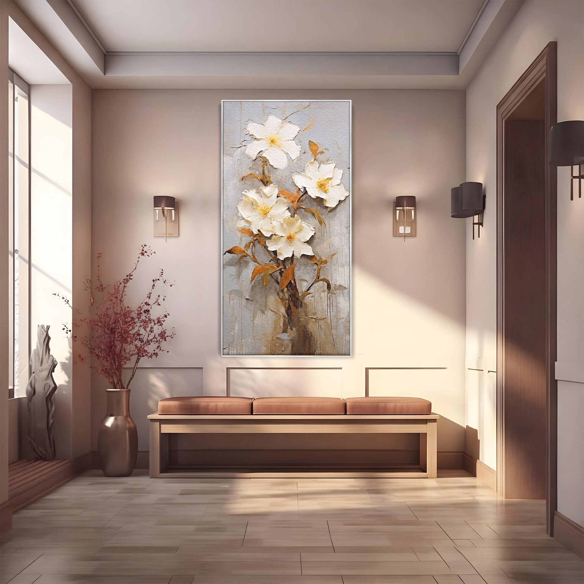 Tablou Canvas Premium LuxCanva® C1408, Flori Delicate Pe Fundal Texturat, Flori, Texturat, Eleganta, Living, Dormitor, Culori Vibrante