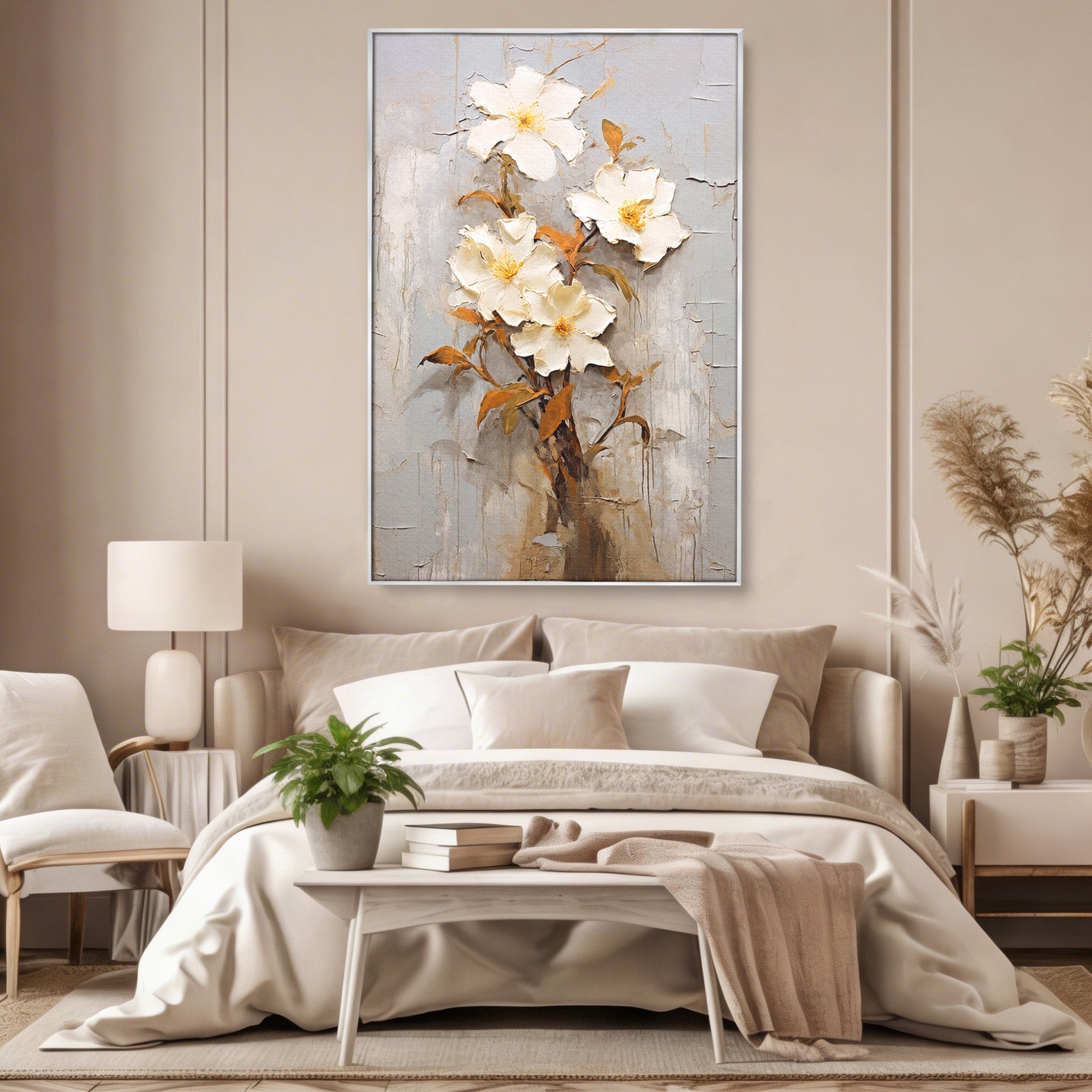 Tablou Canvas Premium LuxCanva® C1408, Flori Delicate Pe Fundal Texturat, Flori, Texturat, Eleganta, Living, Dormitor, Culori Vibrante