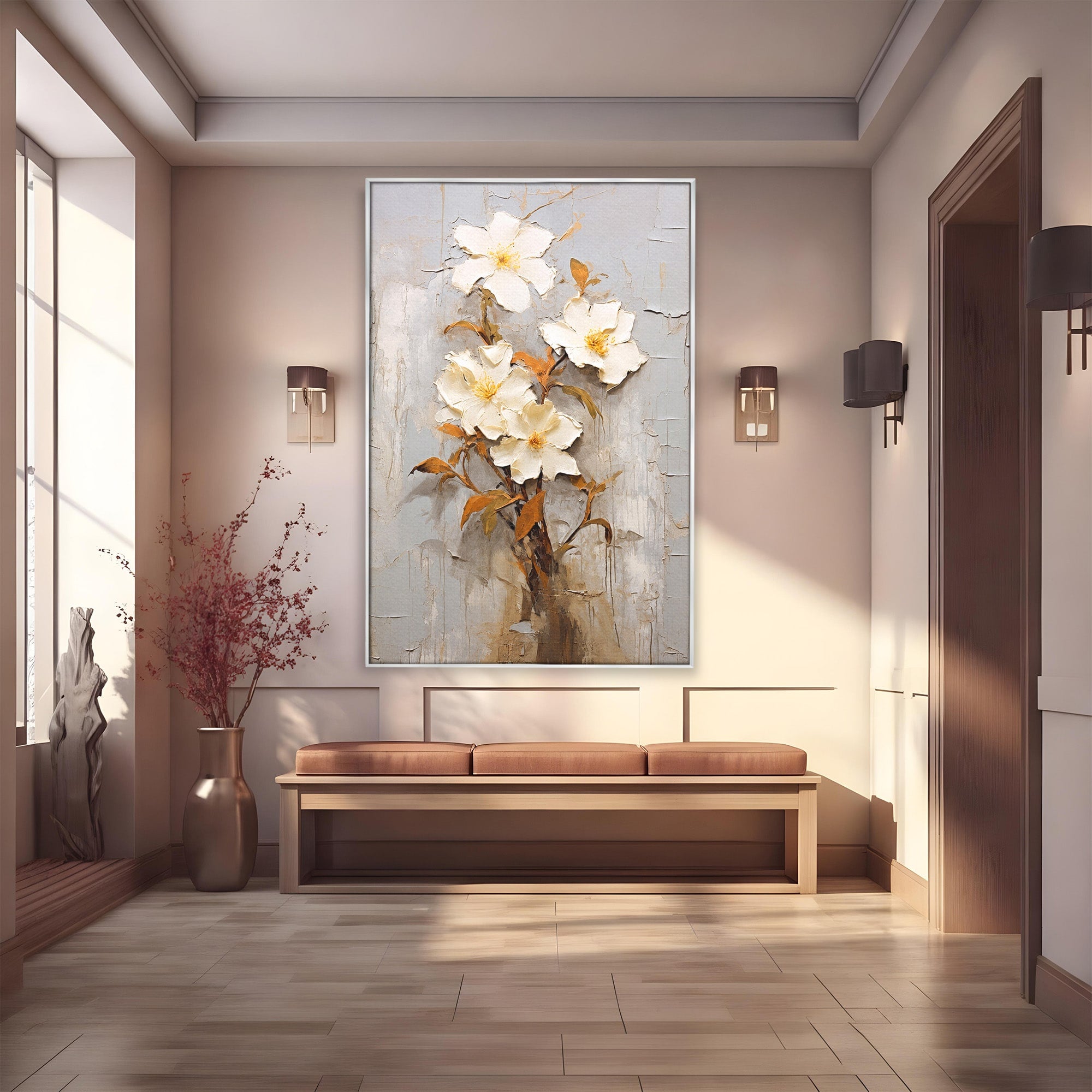 Tablou Canvas Premium LuxCanva® C1408, Flori Delicate Pe Fundal Texturat, Flori, Texturat, Eleganta, Living, Dormitor, Culori Vibrante
