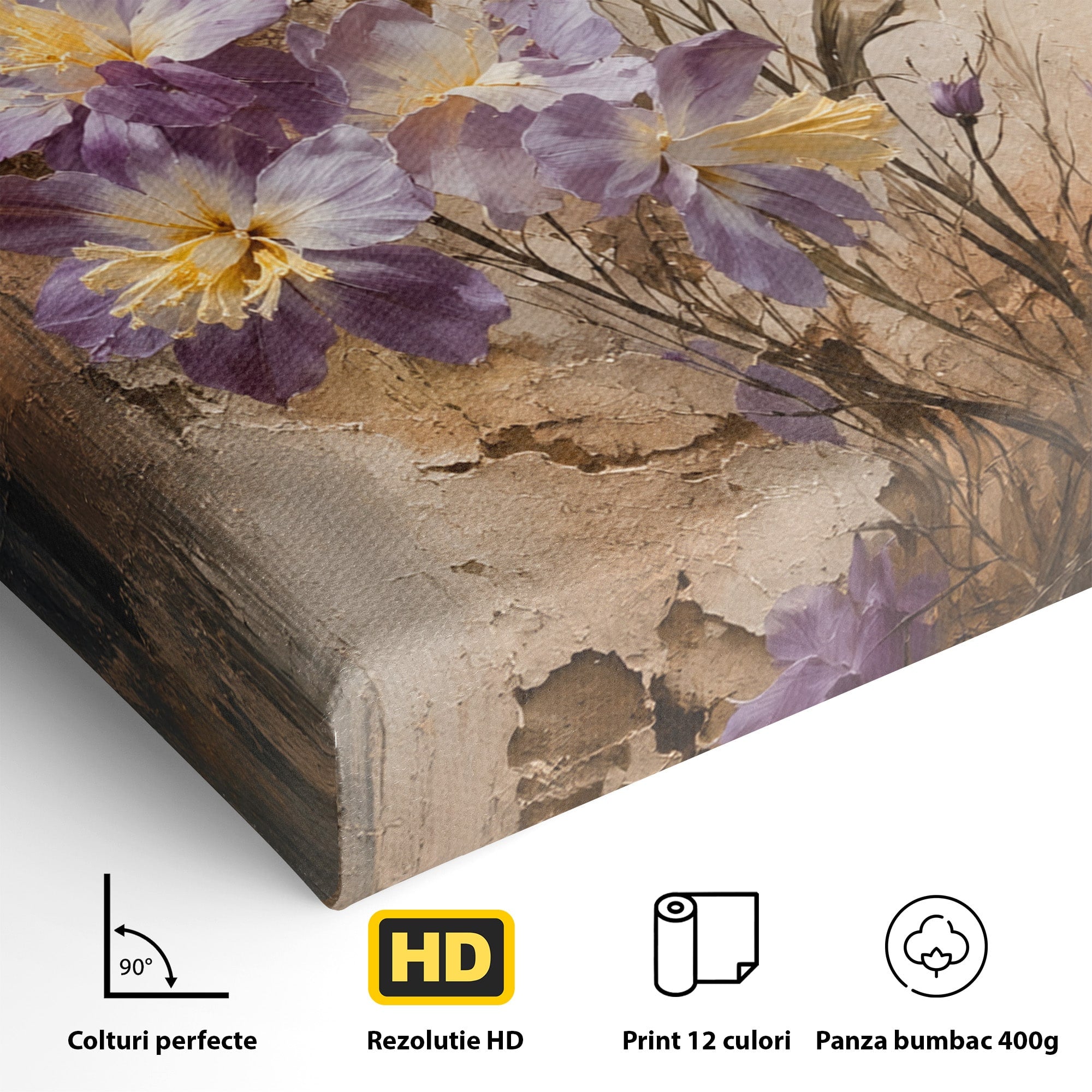 Tablou Canvas Premium LuxCanva® C1409, Flori Pe Fond Texturat, Flori, Texturat, Arta Abstracta, Naturale, Living, Culori Vibrante