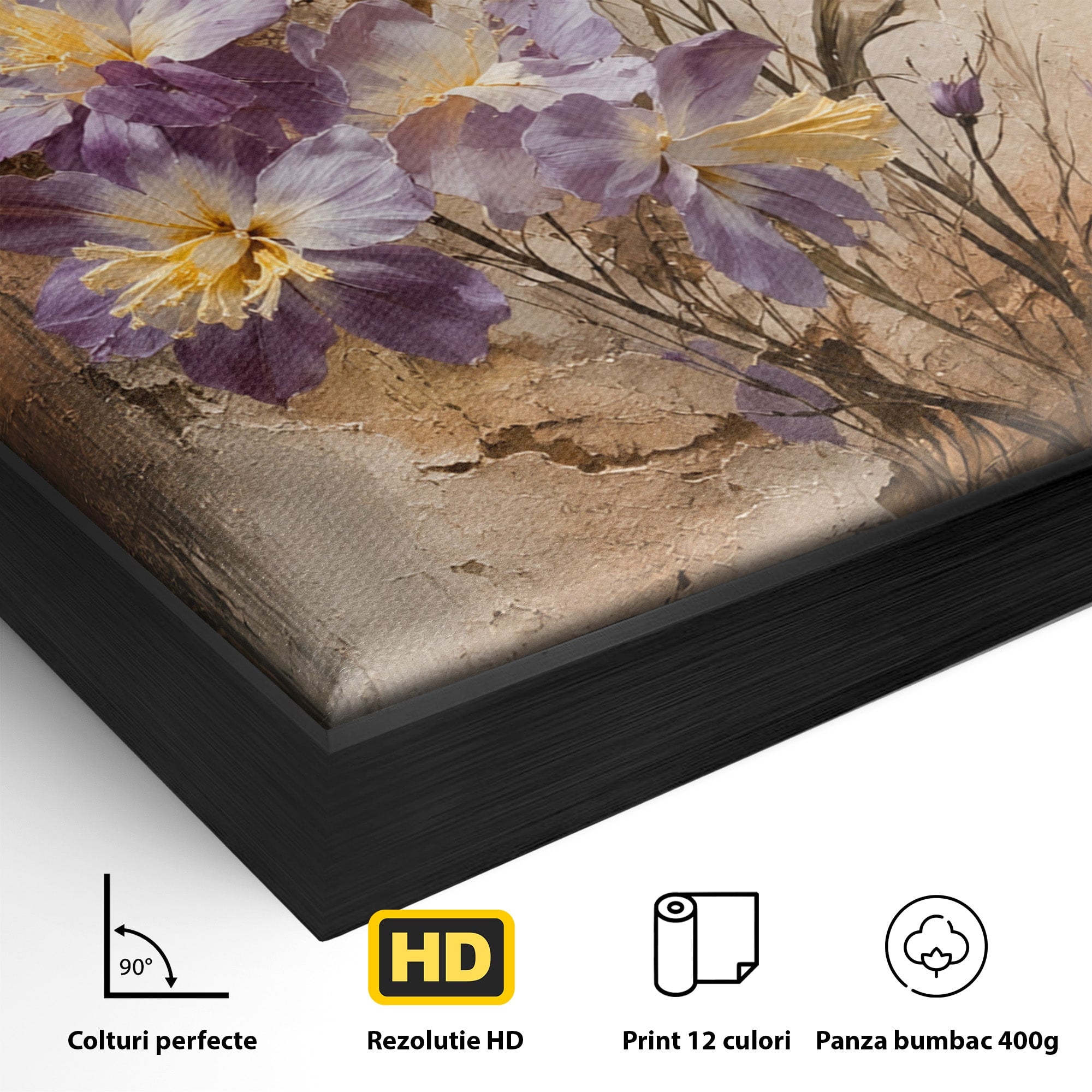 Tablou Canvas Premium LuxCanva® C1409, Flori Pe Fond Texturat, Flori, Texturat, Arta Abstracta, Naturale, Living, Culori Vibrante