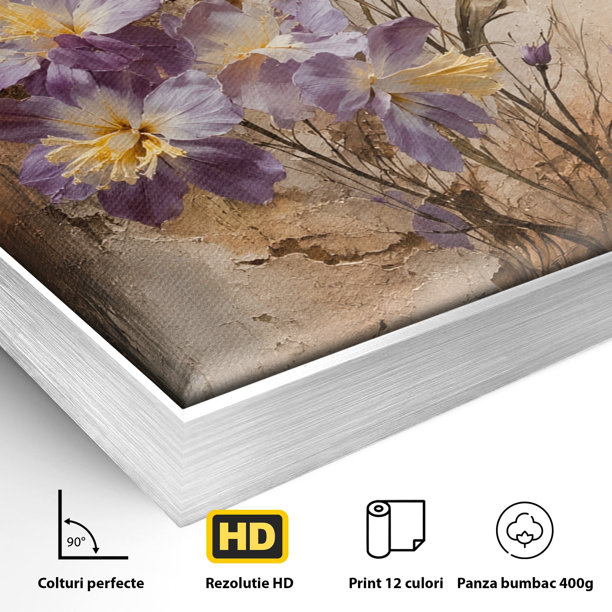 Tablou Canvas Premium LuxCanva® C1409, Flori Pe Fond Texturat, Flori, Texturat, Arta Abstracta, Naturale, Living, Culori Vibrante