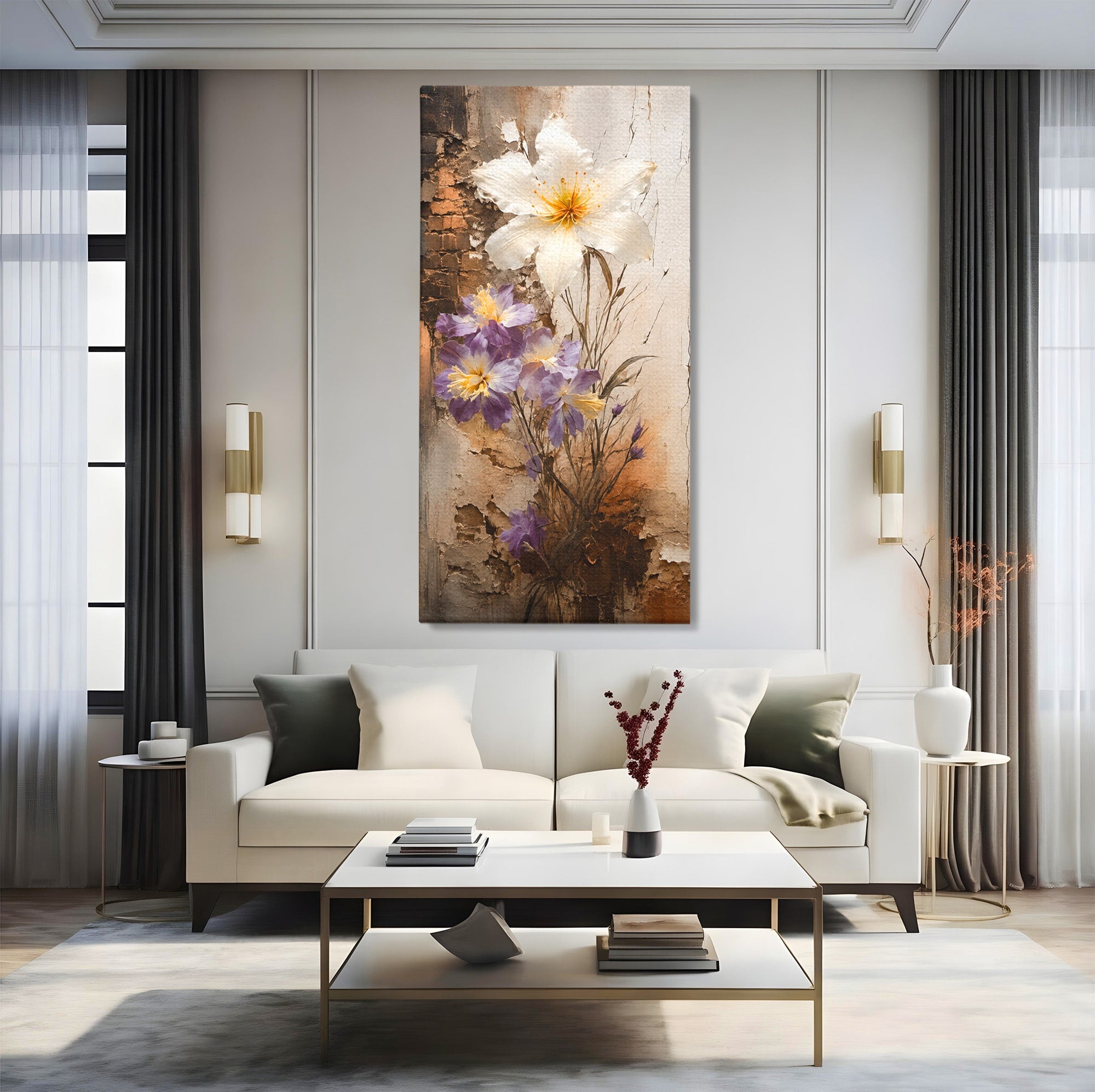 Tablou Canvas Premium LuxCanva® C1409, Flori Pe Fond Texturat, Flori, Texturat, Arta Abstracta, Naturale, Living, Culori Vibrante