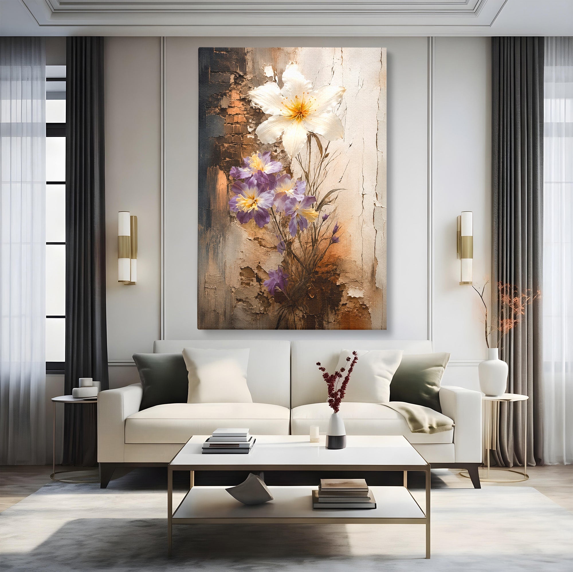 Tablou Canvas Premium LuxCanva® C1409, Flori Pe Fond Texturat, Flori, Texturat, Arta Abstracta, Naturale, Living, Culori Vibrante