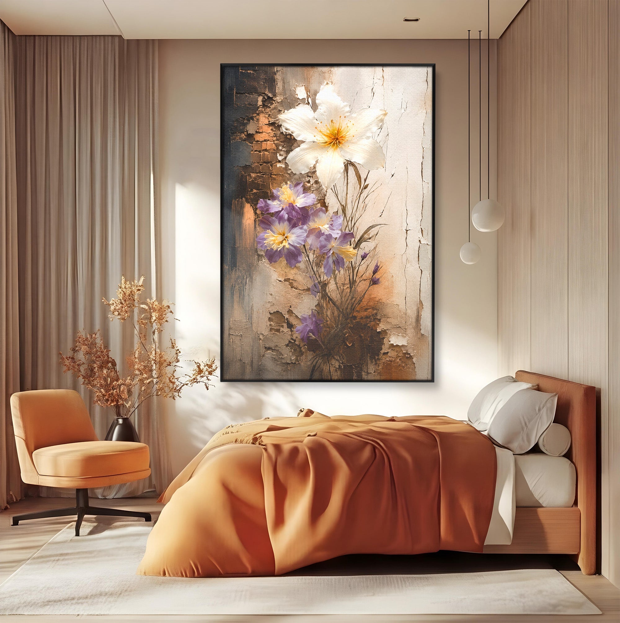 Tablou Canvas Premium LuxCanva® C1409, Flori Pe Fond Texturat, Flori, Texturat, Arta Abstracta, Naturale, Living, Culori Vibrante
