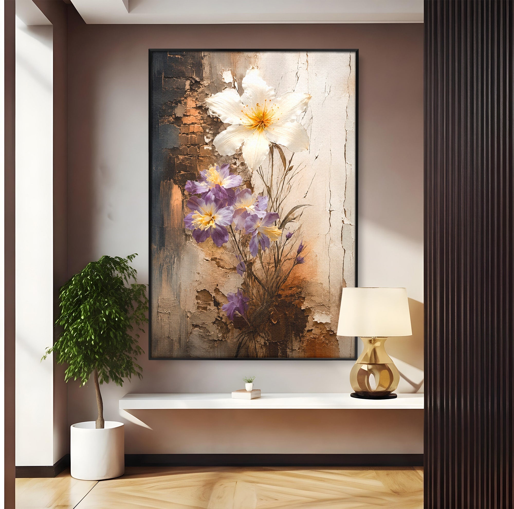 Tablou Canvas Premium LuxCanva® C1409, Flori Pe Fond Texturat, Flori, Texturat, Arta Abstracta, Naturale, Living, Culori Vibrante