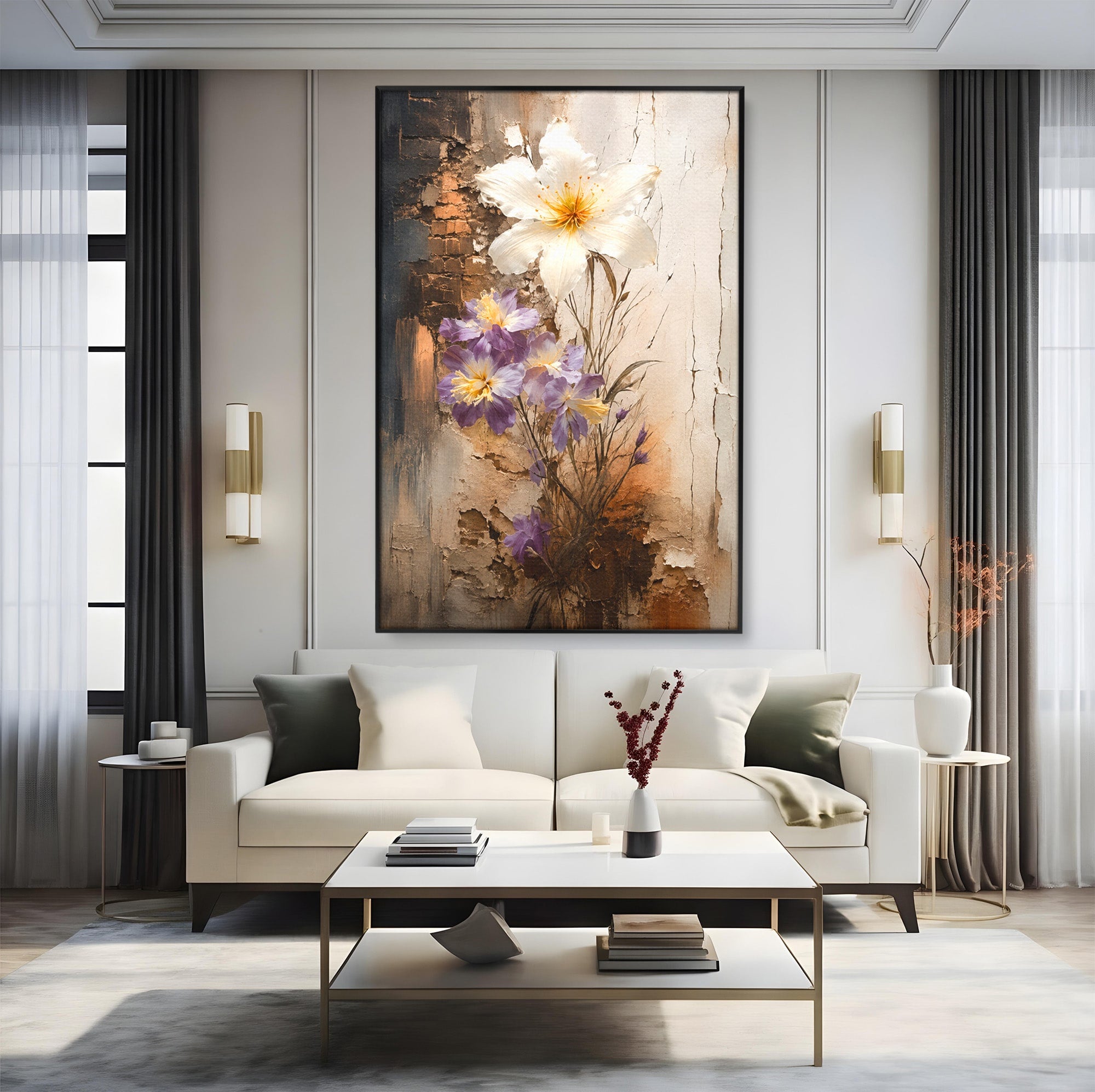 Tablou Canvas Premium LuxCanva® C1409, Flori Pe Fond Texturat, Flori, Texturat, Arta Abstracta, Naturale, Living, Culori Vibrante