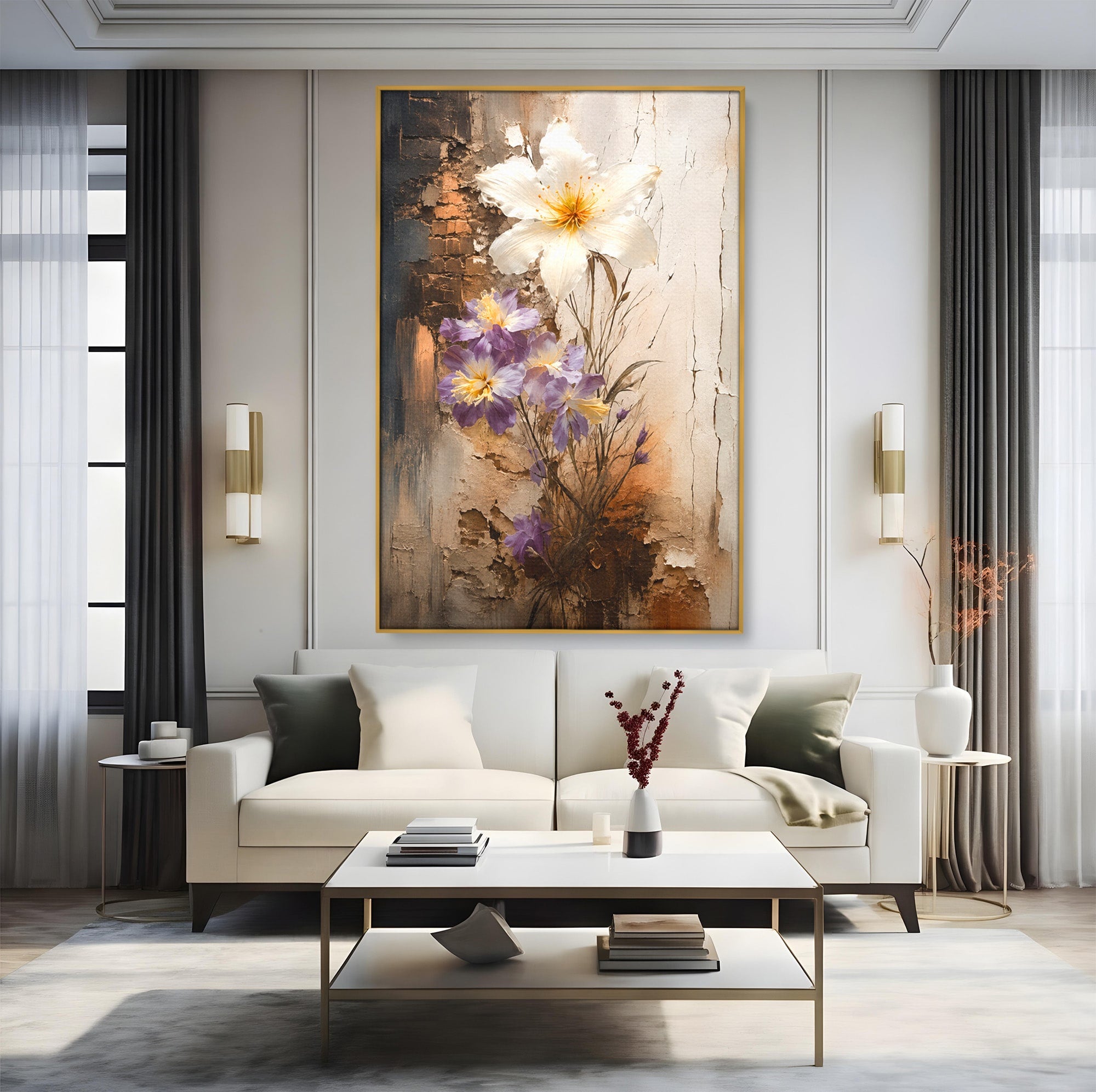 Tablou Canvas Premium LuxCanva® C1409, Flori Pe Fond Texturat, Flori, Texturat, Arta Abstracta, Naturale, Living, Culori Vibrante