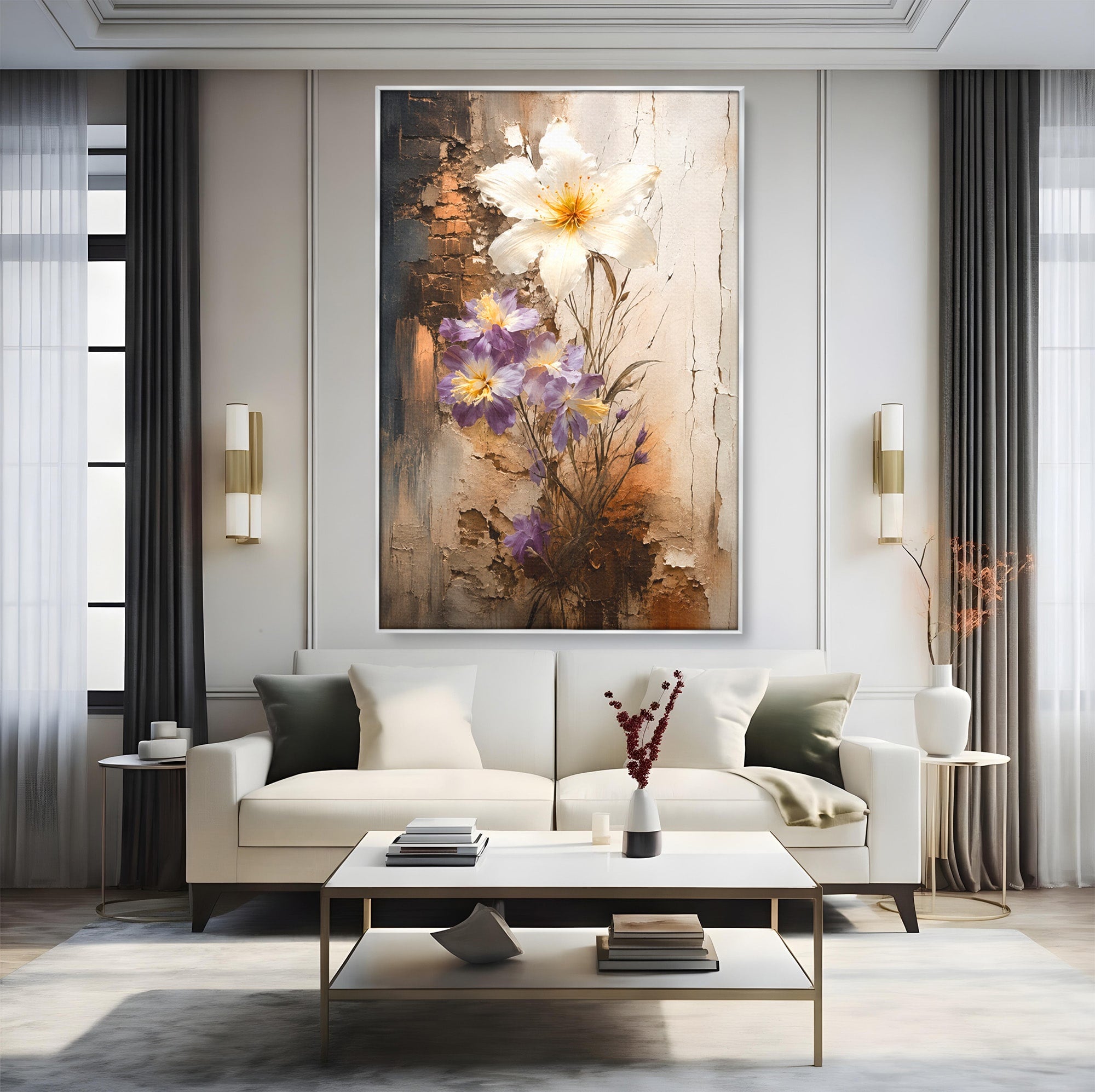 Tablou Canvas Premium LuxCanva® C1409, Flori Pe Fond Texturat, Flori, Texturat, Arta Abstracta, Naturale, Living, Culori Vibrante