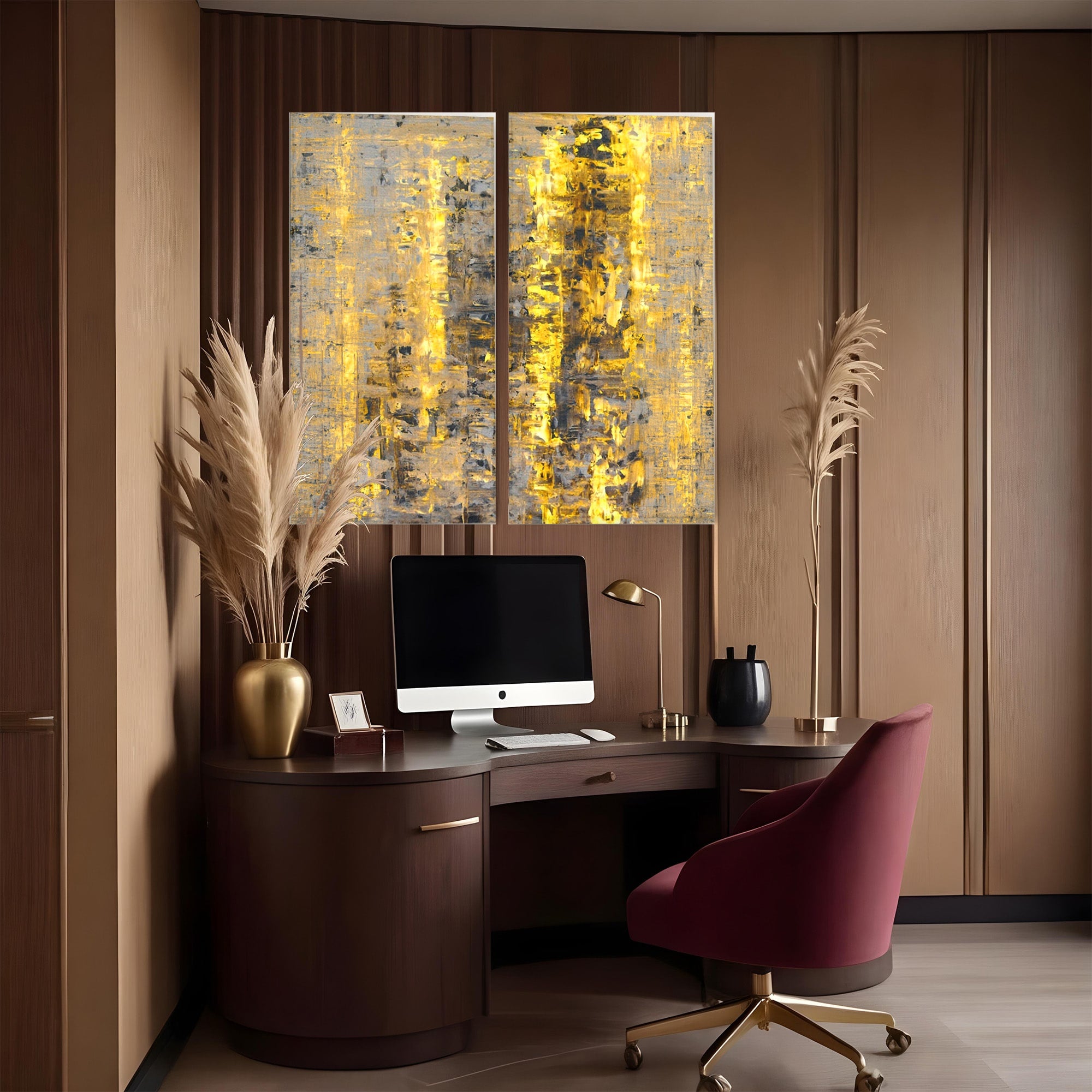 Set 2 Tablouri Canvas Premium LuxCanva® C2-1058, Gold And Brown Painting Abstract, Gold And Brown Painting Abstract, Dining Room, Living Room, Relaxare, Culori Vibrante