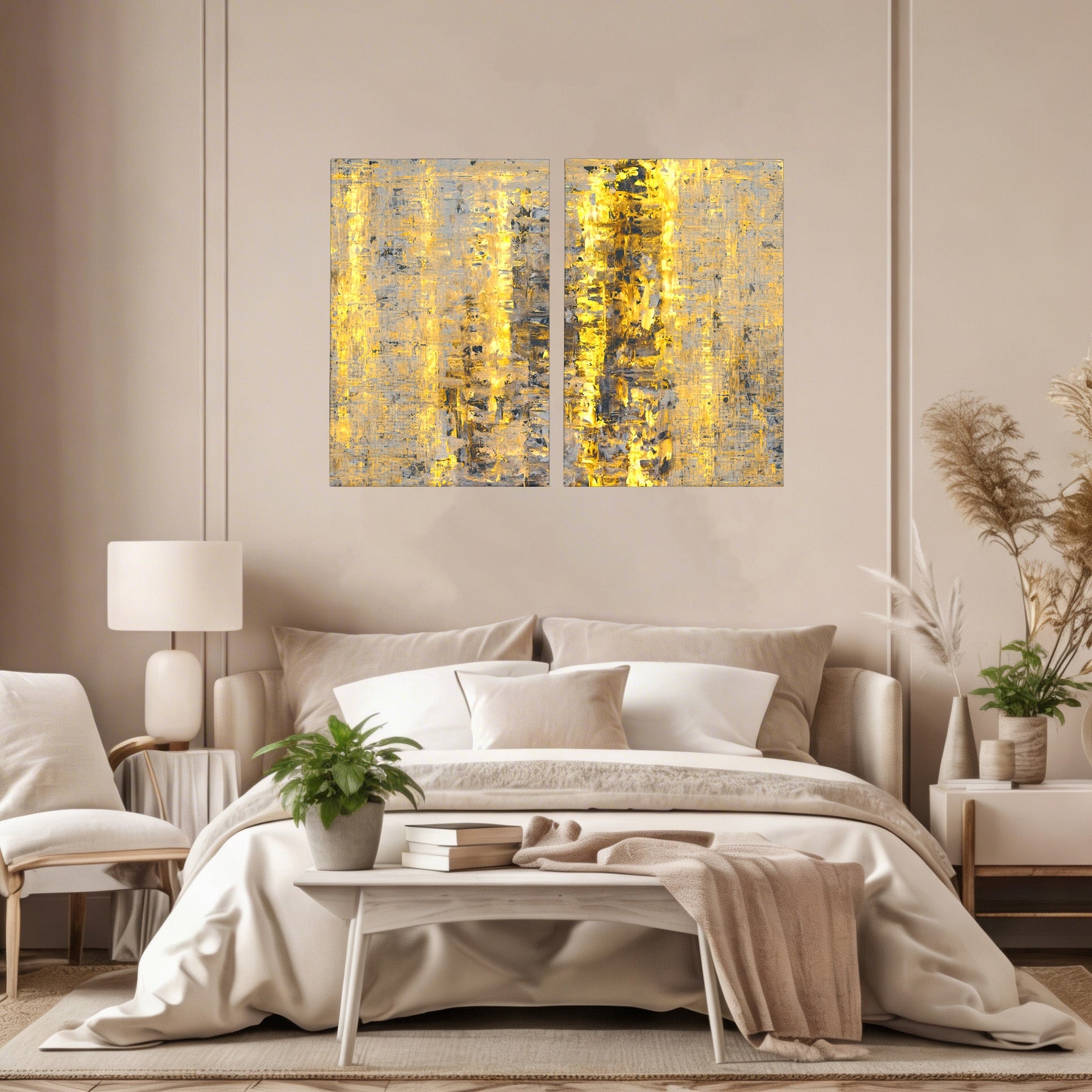 Set 2 Tablouri Canvas Premium LuxCanva® C2-1058, Gold And Brown Painting Abstract, Gold And Brown Painting Abstract, Dining Room, Living Room, Relaxare, Culori Vibrante