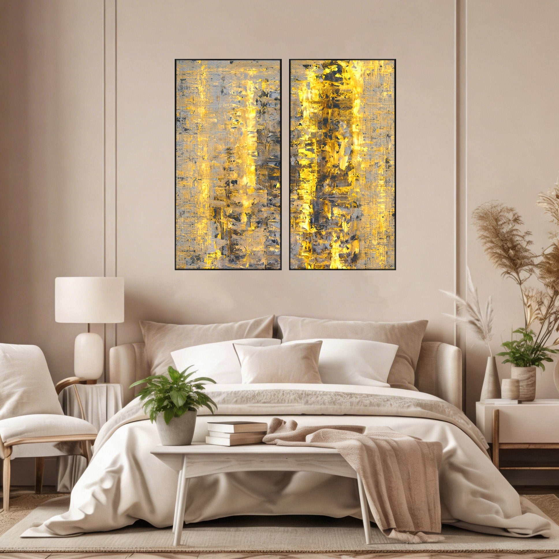 Set 2 Tablouri Canvas Premium LuxCanva® C2-1058, Gold And Brown Painting Abstract, Gold And Brown Painting Abstract, Dining Room, Living Room, Relaxare, Culori Vibrante