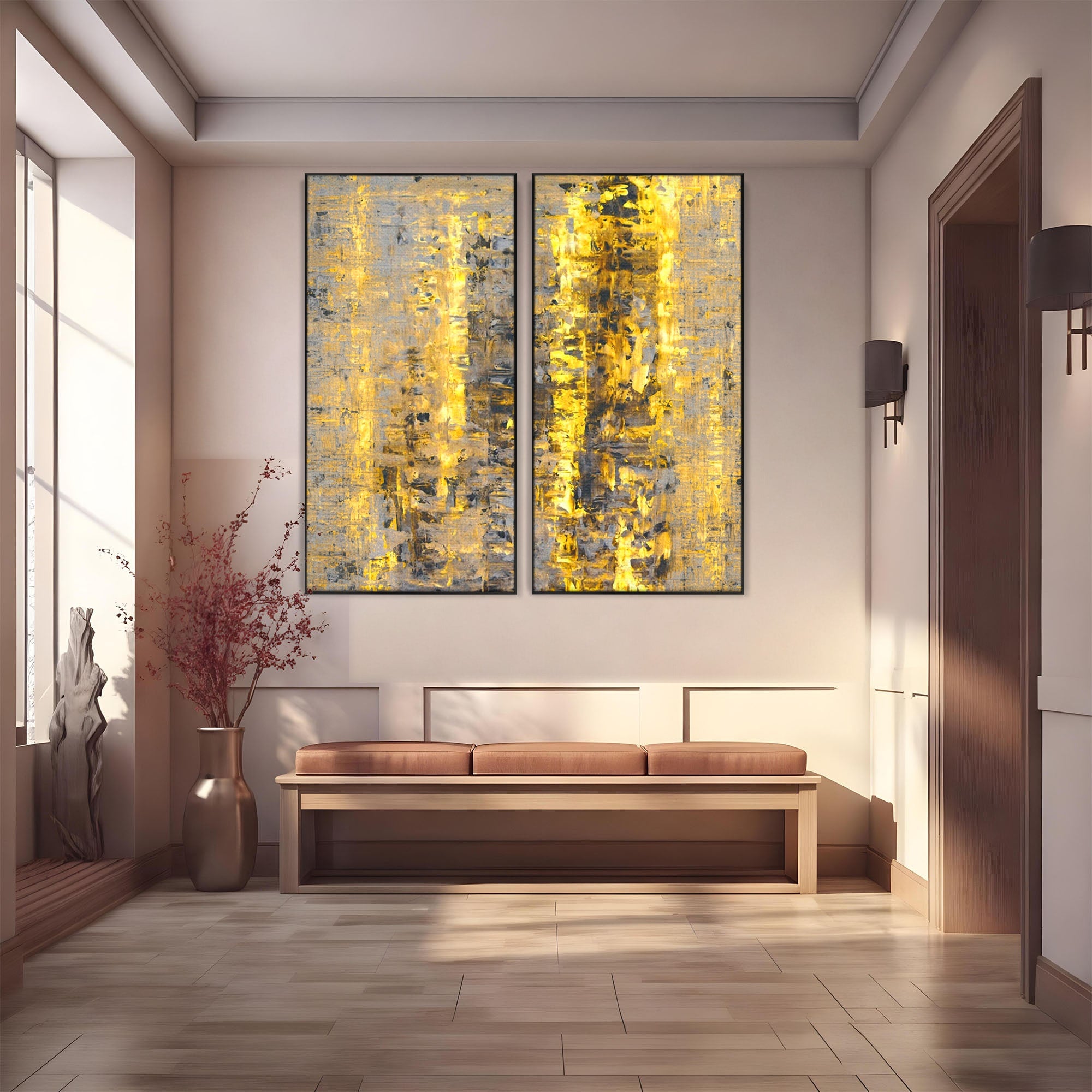 Set 2 Tablouri Canvas Premium LuxCanva® C2-1058, Gold And Brown Painting Abstract, Gold And Brown Painting Abstract, Dining Room, Living Room, Relaxare, Culori Vibrante