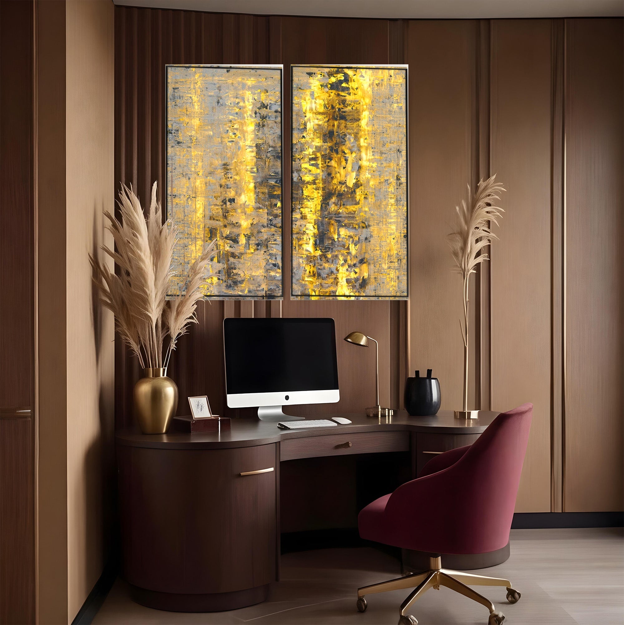 Set 2 Tablouri Canvas Premium LuxCanva® C2-1058, Gold And Brown Painting Abstract, Gold And Brown Painting Abstract, Dining Room, Living Room, Relaxare, Culori Vibrante
