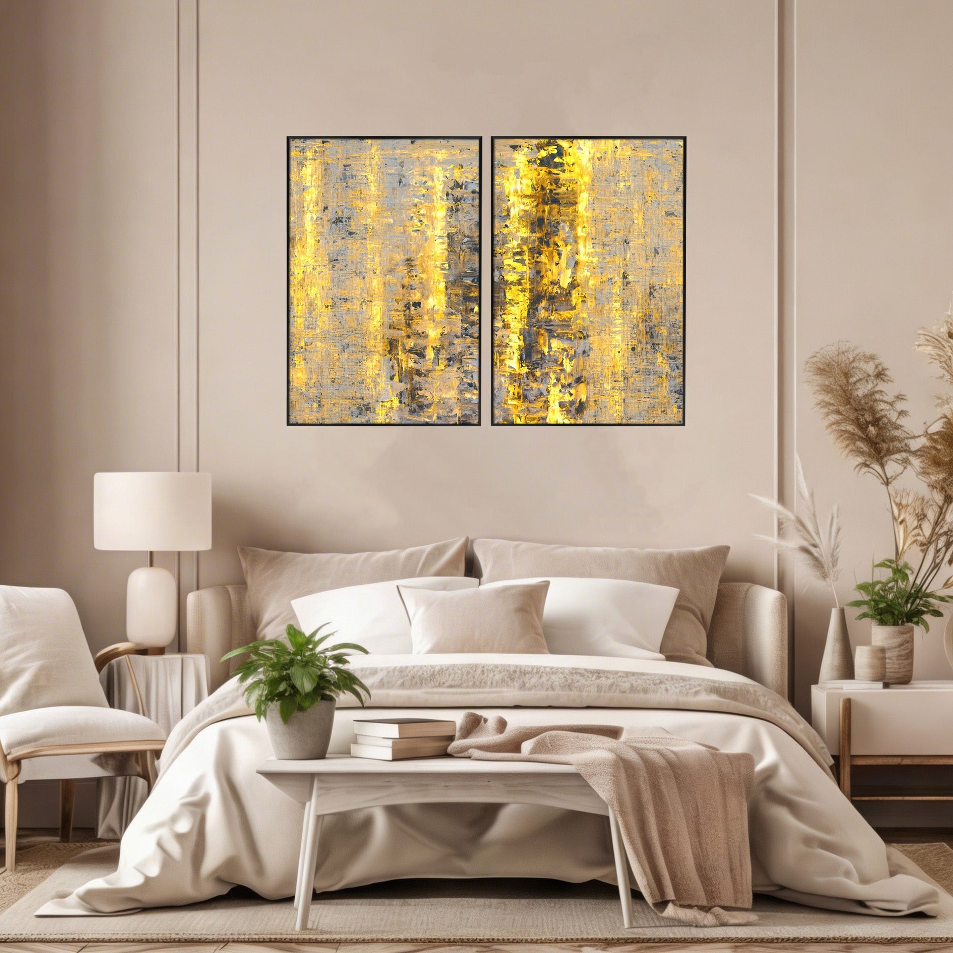 Set 2 Tablouri Canvas Premium LuxCanva® C2-1058, Gold And Brown Painting Abstract, Gold And Brown Painting Abstract, Dining Room, Living Room, Relaxare, Culori Vibrante