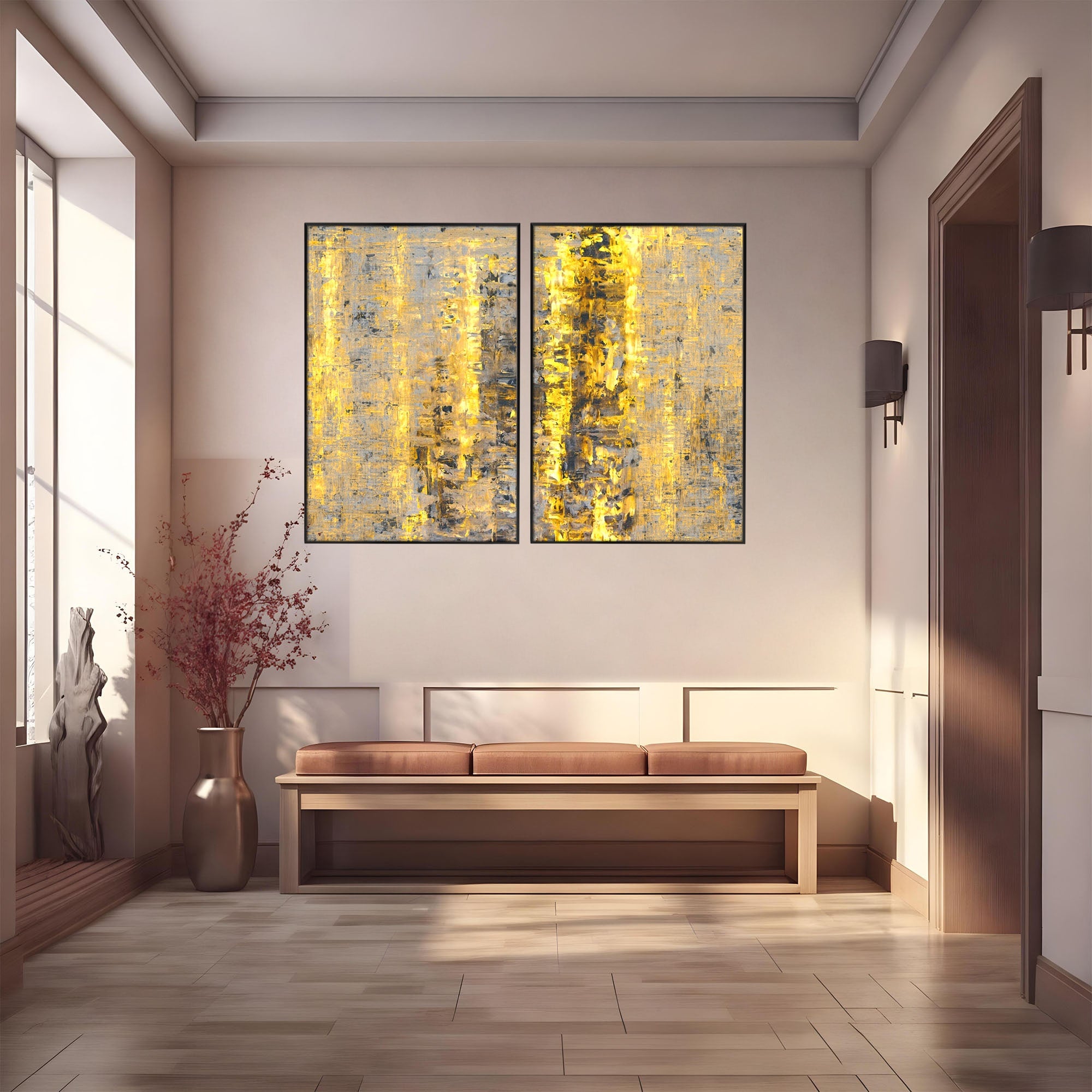 Set 2 Tablouri Canvas Premium LuxCanva® C2-1058, Gold And Brown Painting Abstract, Gold And Brown Painting Abstract, Dining Room, Living Room, Relaxare, Culori Vibrante