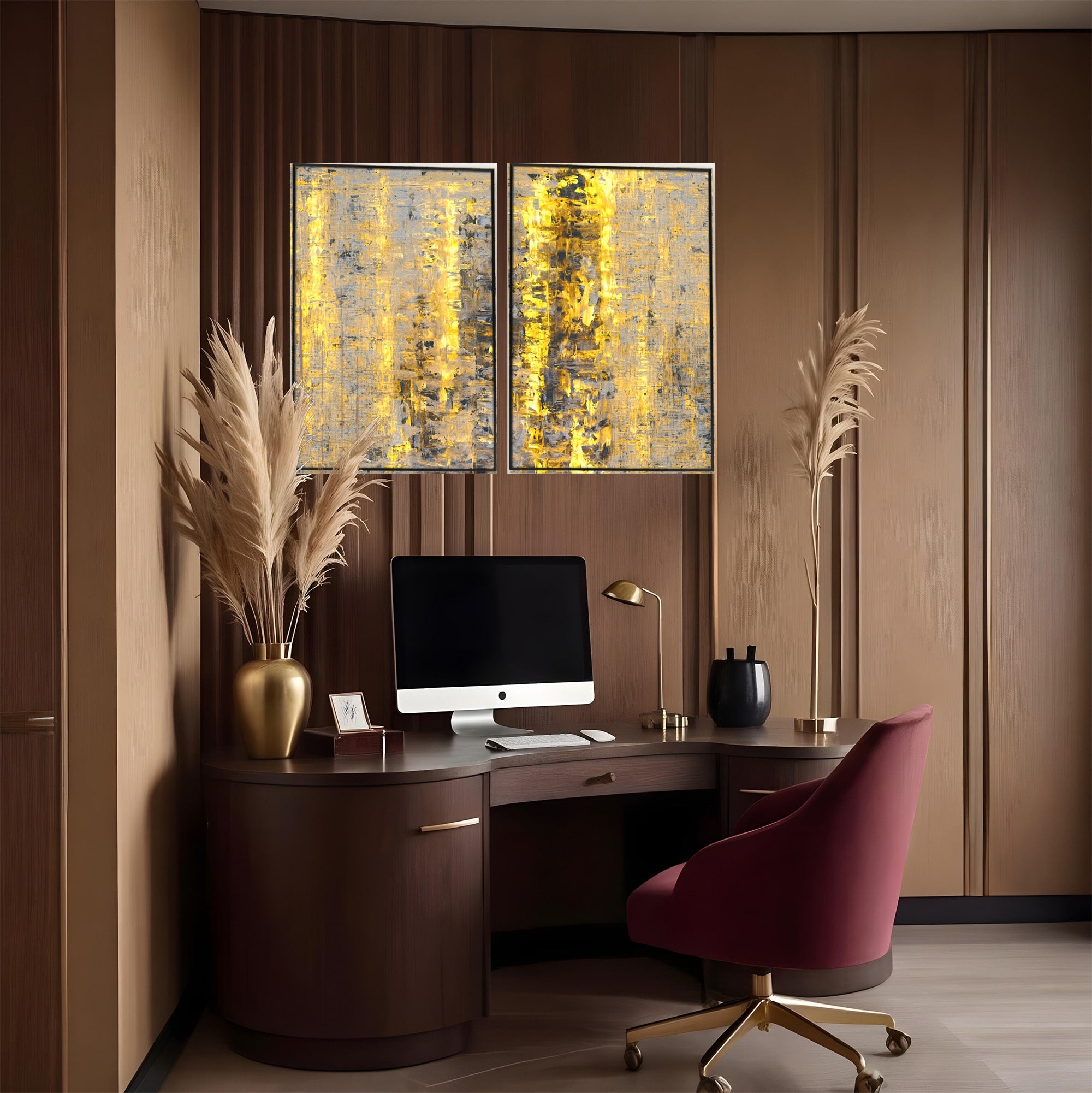 Set 2 Tablouri Canvas Premium LuxCanva® C2-1058, Gold And Brown Painting Abstract, Gold And Brown Painting Abstract, Dining Room, Living Room, Relaxare, Culori Vibrante