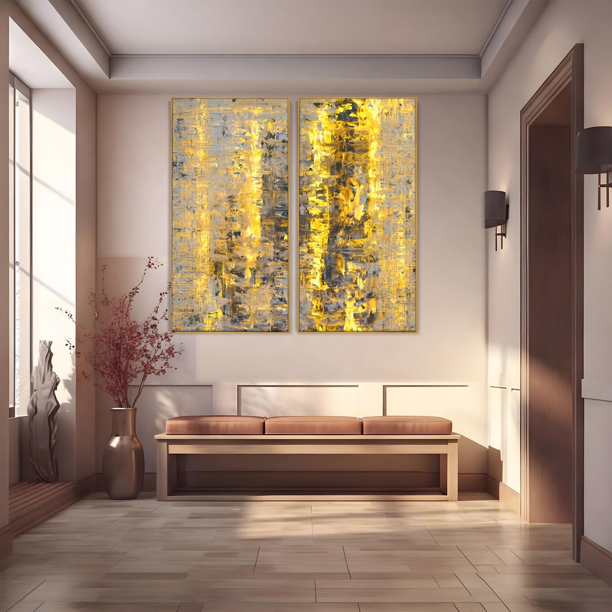 Set 2 Tablouri Canvas Premium LuxCanva® C2-1058, Gold And Brown Painting Abstract, Gold And Brown Painting Abstract, Dining Room, Living Room, Relaxare, Culori Vibrante