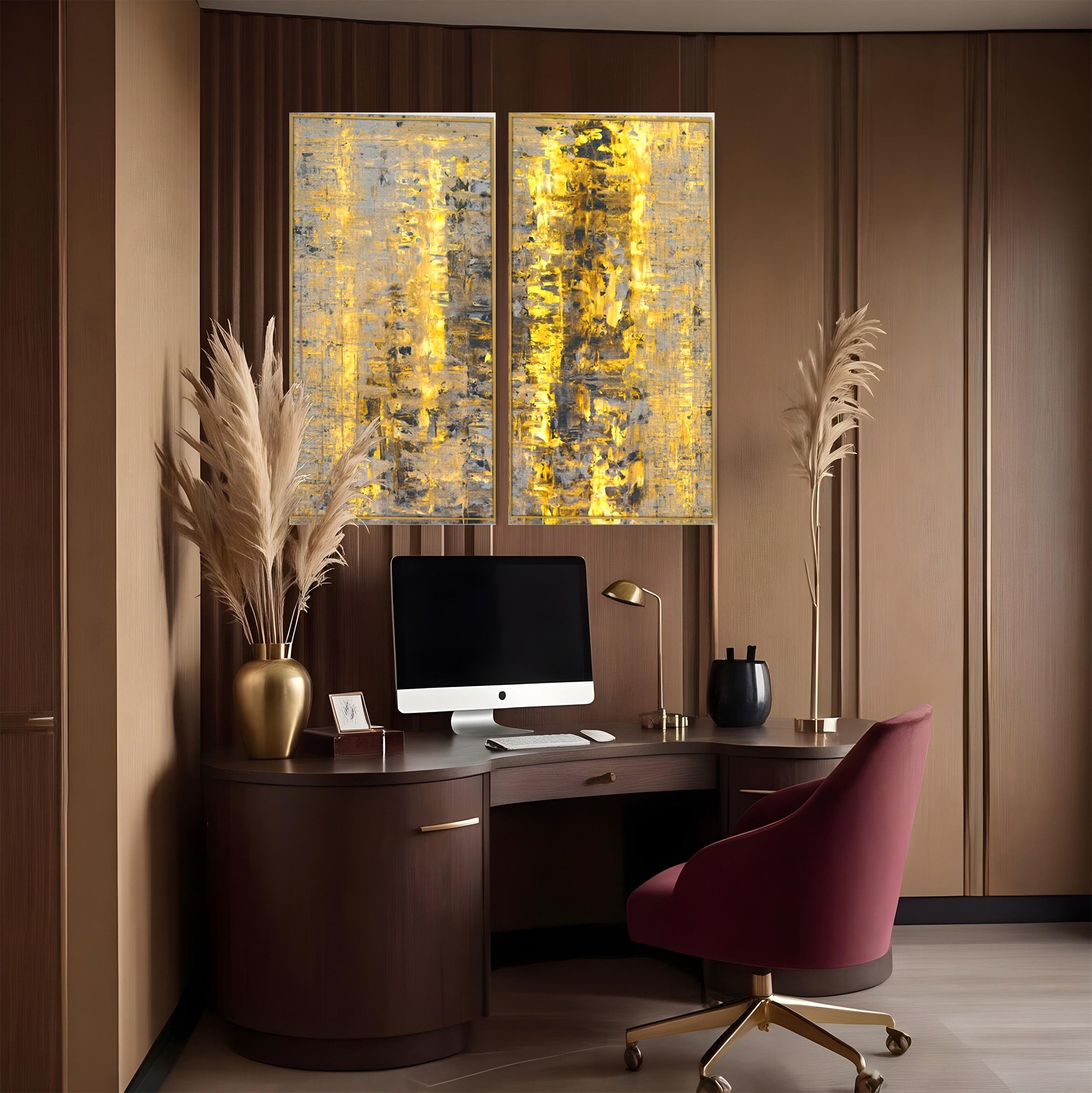 Set 2 Tablouri Canvas Premium LuxCanva® C2-1058, Gold And Brown Painting Abstract, Gold And Brown Painting Abstract, Dining Room, Living Room, Relaxare, Culori Vibrante