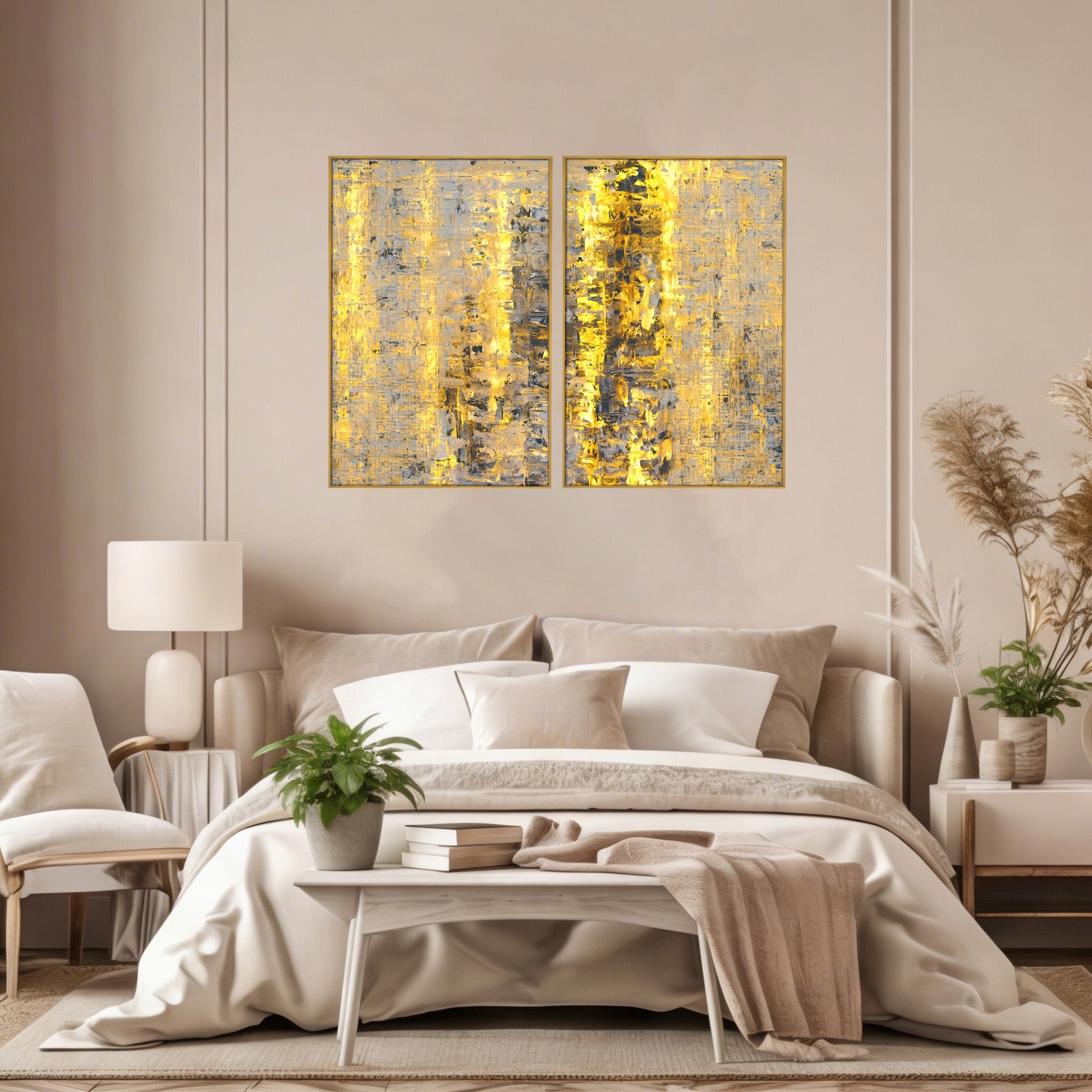 Set 2 Tablouri Canvas Premium LuxCanva® C2-1058, Gold And Brown Painting Abstract, Gold And Brown Painting Abstract, Dining Room, Living Room, Relaxare, Culori Vibrante