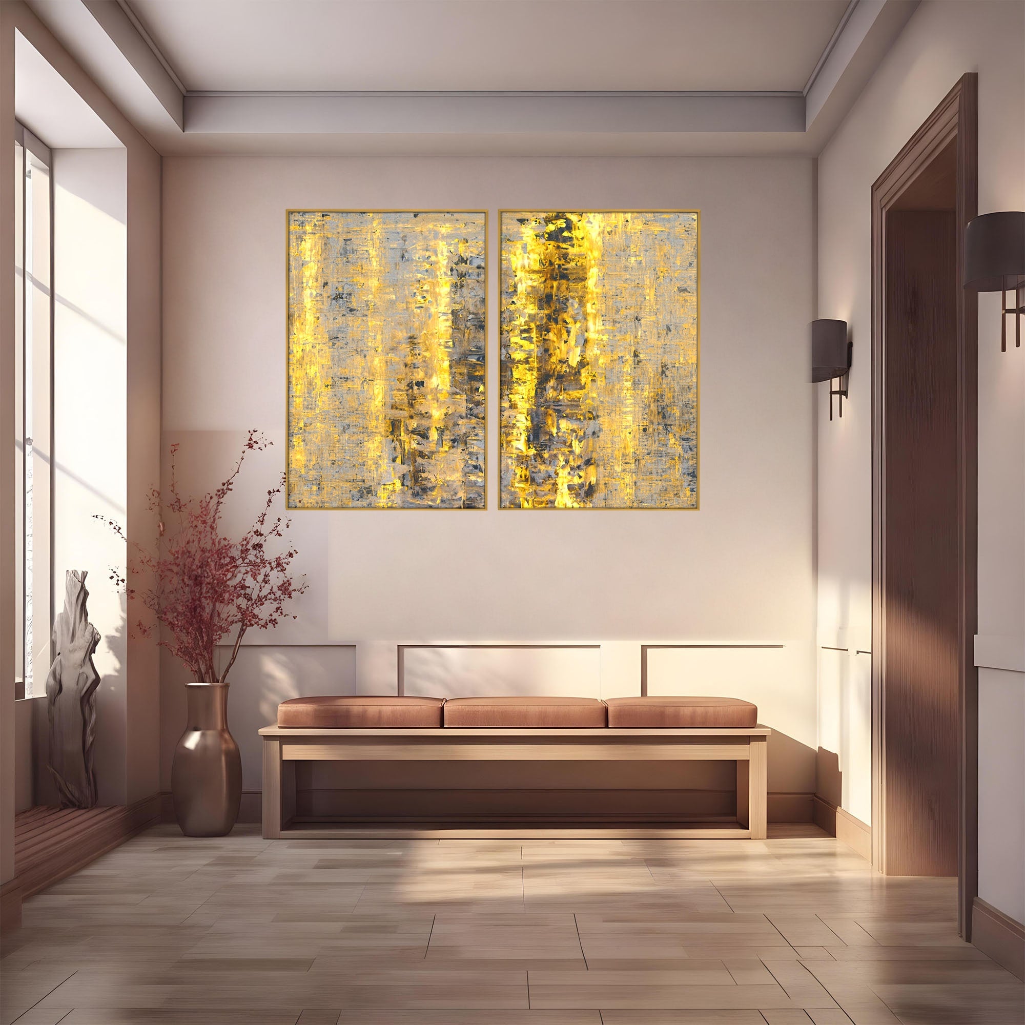 Set 2 Tablouri Canvas Premium LuxCanva® C2-1058, Gold And Brown Painting Abstract, Gold And Brown Painting Abstract, Dining Room, Living Room, Relaxare, Culori Vibrante