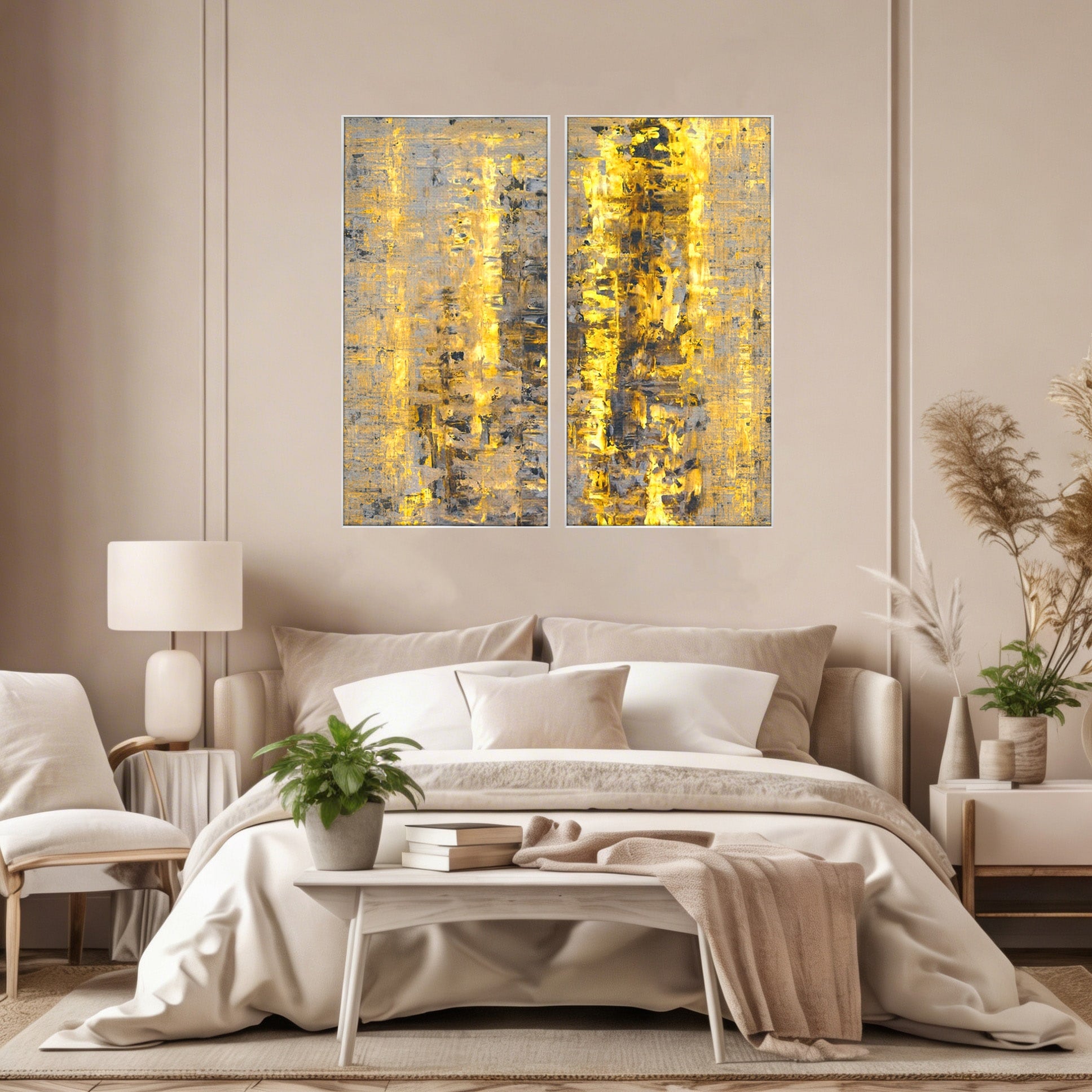 Set 2 Tablouri Canvas Premium LuxCanva® C2-1058, Gold And Brown Painting Abstract, Gold And Brown Painting Abstract, Dining Room, Living Room, Relaxare, Culori Vibrante