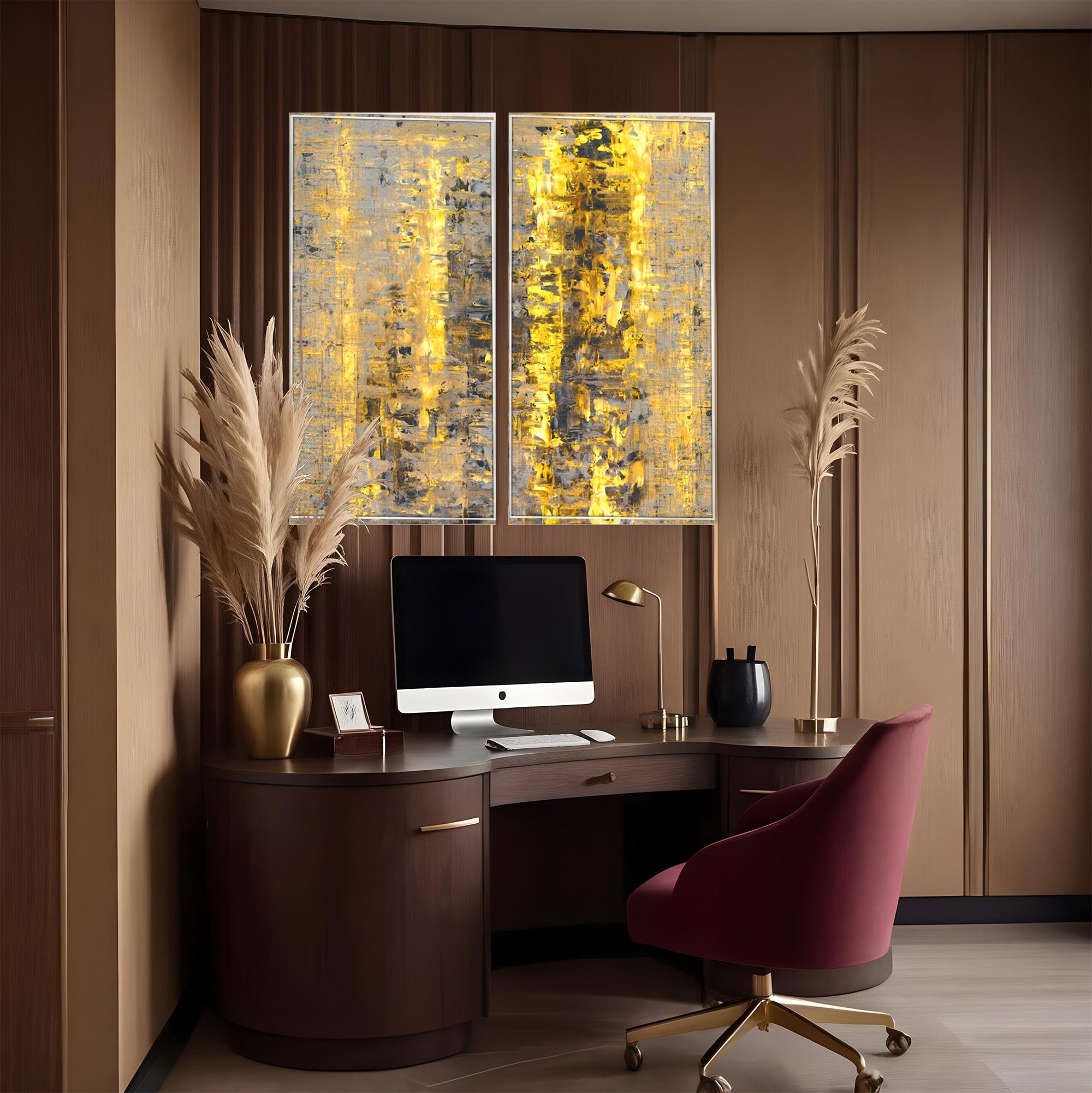 Set 2 Tablouri Canvas Premium LuxCanva® C2-1058, Gold And Brown Painting Abstract, Gold And Brown Painting Abstract, Dining Room, Living Room, Relaxare, Culori Vibrante
