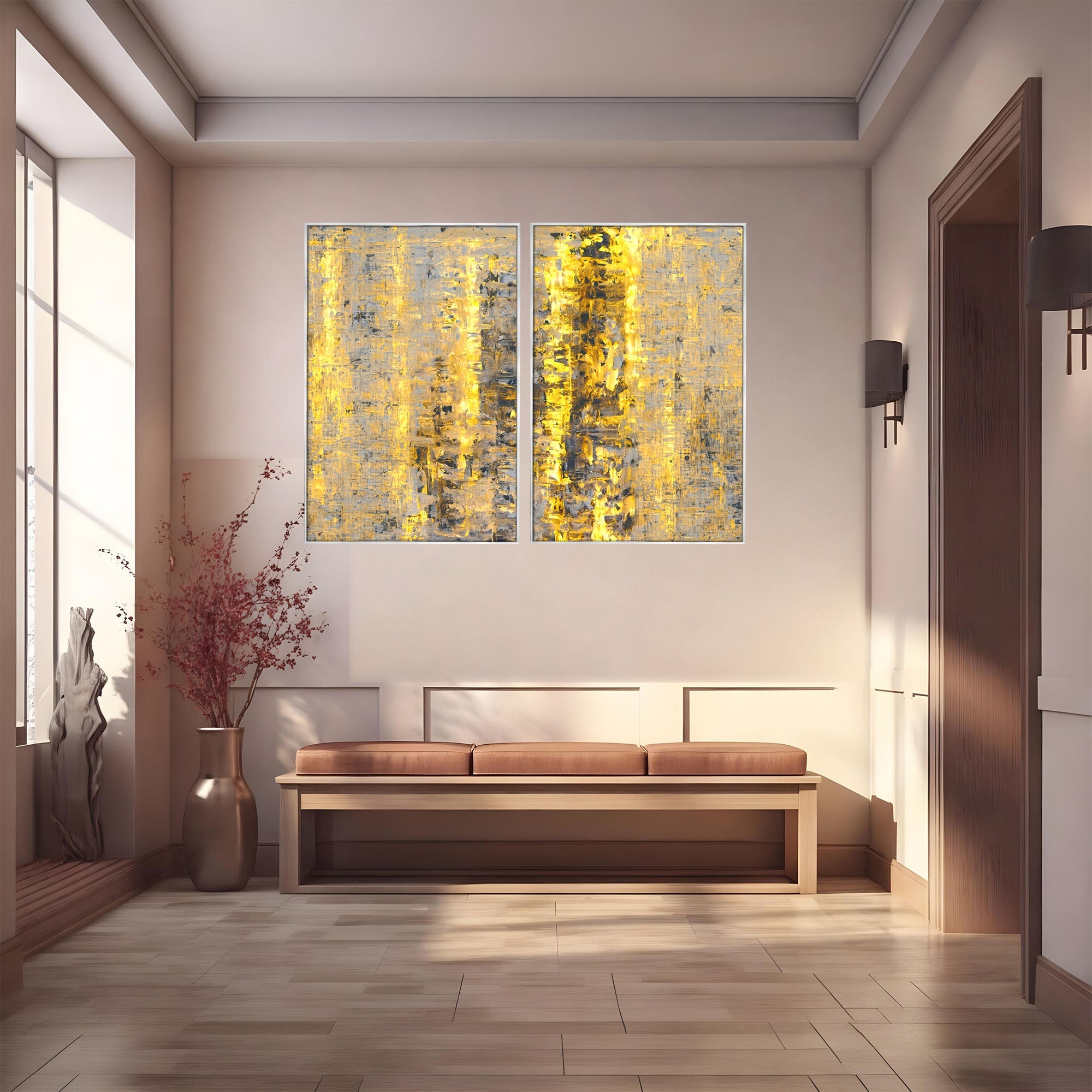 Set 2 Tablouri Canvas Premium LuxCanva® C2-1058, Gold And Brown Painting Abstract, Gold And Brown Painting Abstract, Dining Room, Living Room, Relaxare, Culori Vibrante
