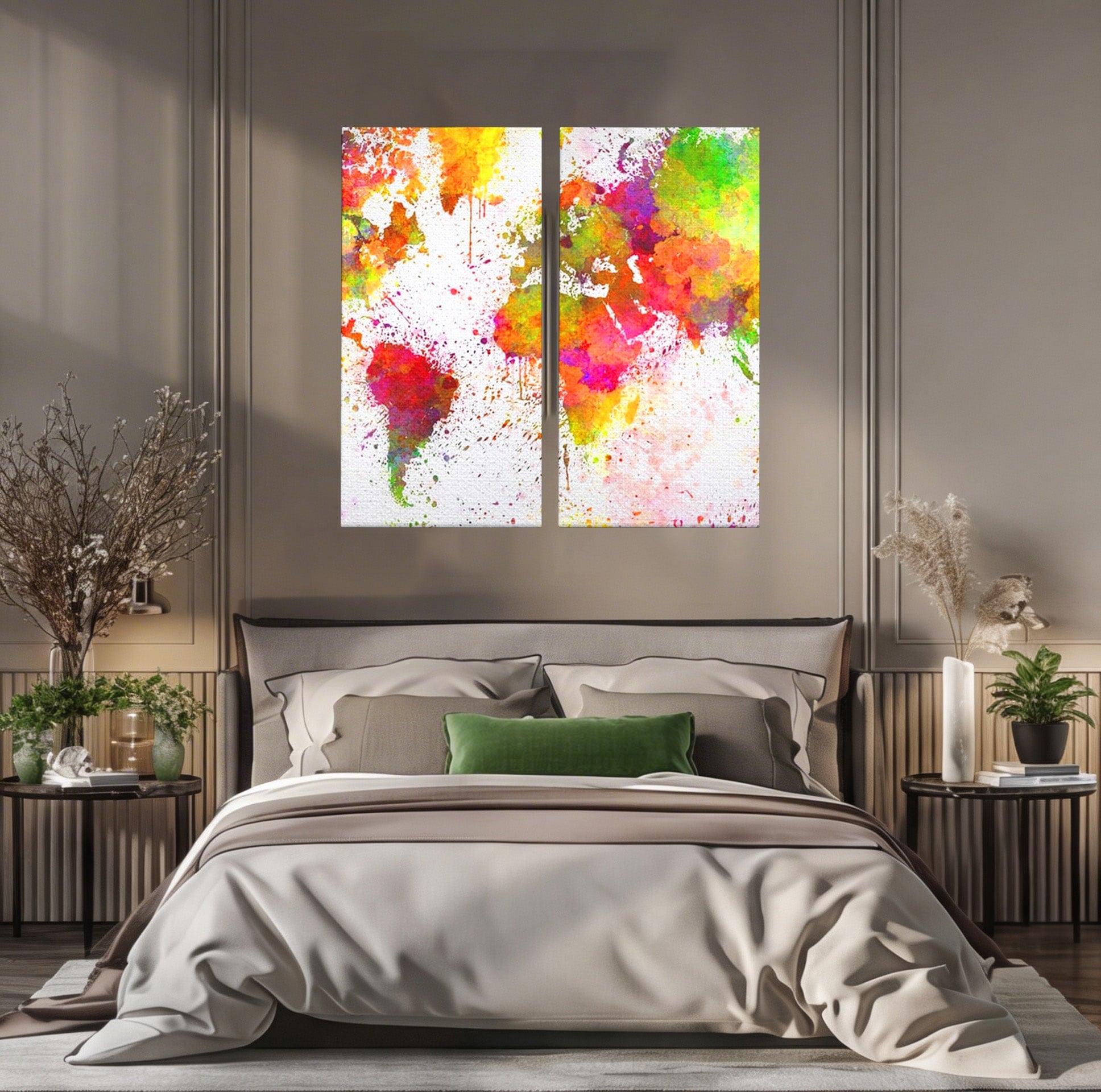 Set 2 Tablouri Canvas Premium LuxCanva® C2-1081, Harta Lumii In Culori, Inspirational, Calatorie, Motivational, Living Room, Office, Relaxare, Culori Vibrante
