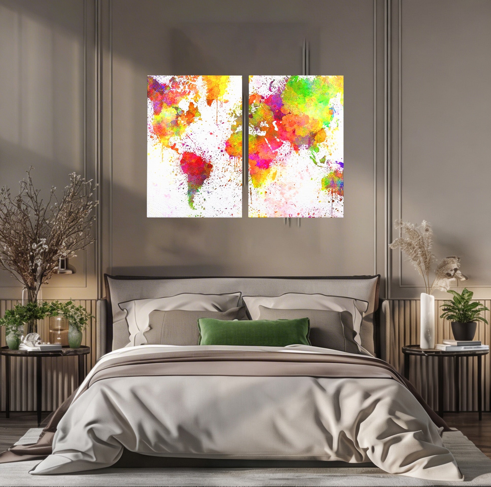 Set 2 Tablouri Canvas Premium LuxCanva® C2-1081, Harta Lumii In Culori, Inspirational, Calatorie, Motivational, Living Room, Office, Relaxare, Culori Vibrante