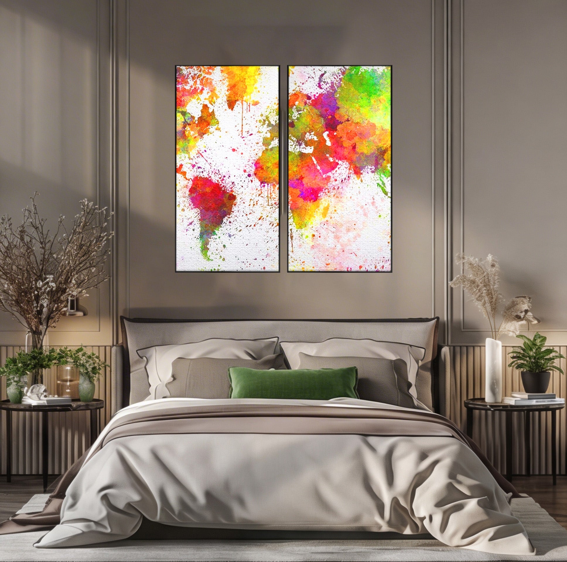 Set 2 Tablouri Canvas Premium LuxCanva® C2-1081, Harta Lumii In Culori, Inspirational, Calatorie, Motivational, Living Room, Office, Relaxare, Culori Vibrante