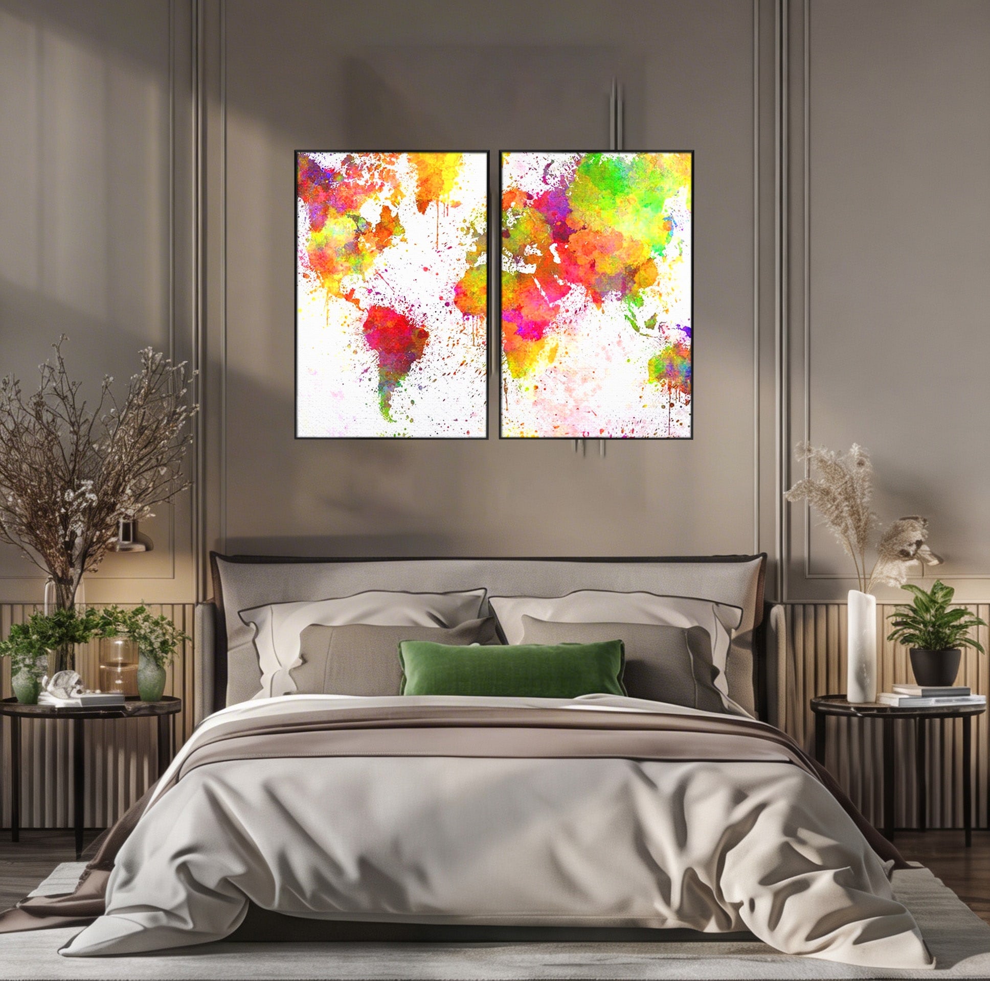 Set 2 Tablouri Canvas Premium LuxCanva® C2-1081, Harta Lumii In Culori, Inspirational, Calatorie, Motivational, Living Room, Office, Relaxare, Culori Vibrante