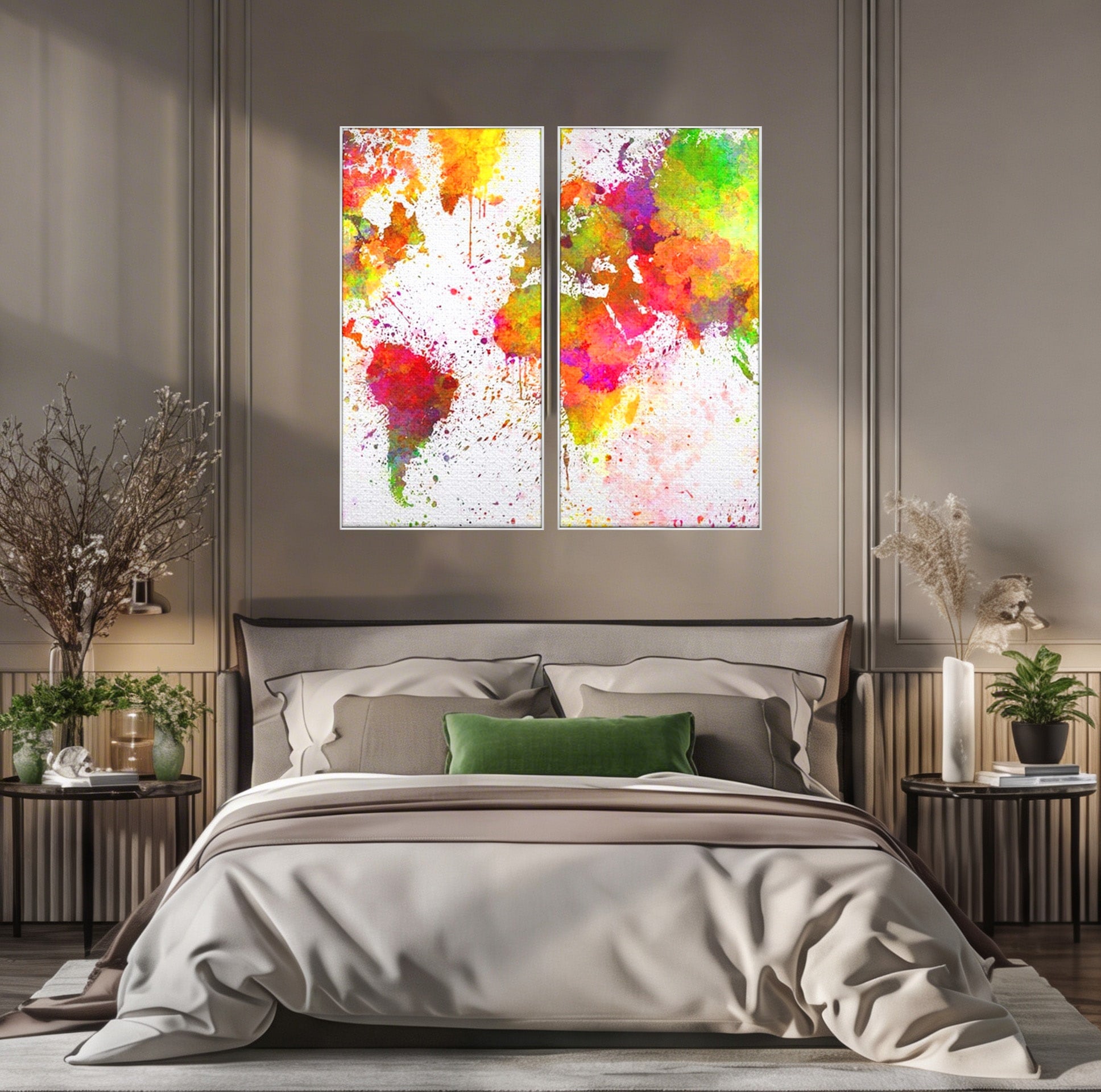 Set 2 Tablouri Canvas Premium LuxCanva® C2-1081, Harta Lumii In Culori, Inspirational, Calatorie, Motivational, Living Room, Office, Relaxare, Culori Vibrante