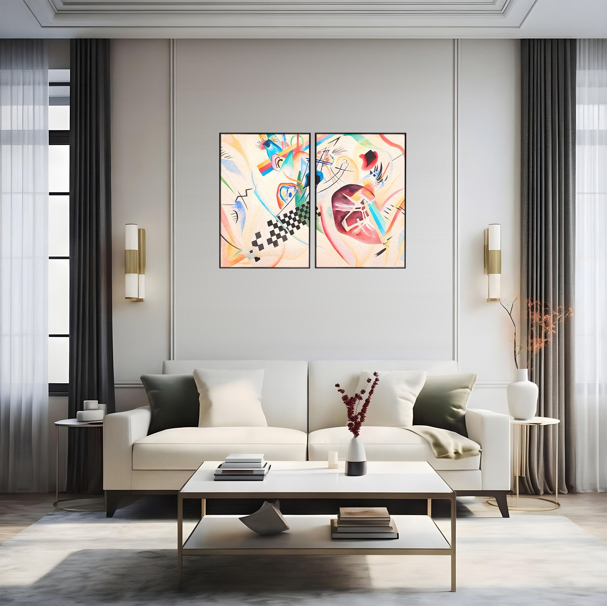 Set 2 Tablouri Canvas Premium LuxCanva® C2-1198, Abstract Paint By Kandinsky, Culori, Decorativ, Living Room, Culori Vibrante